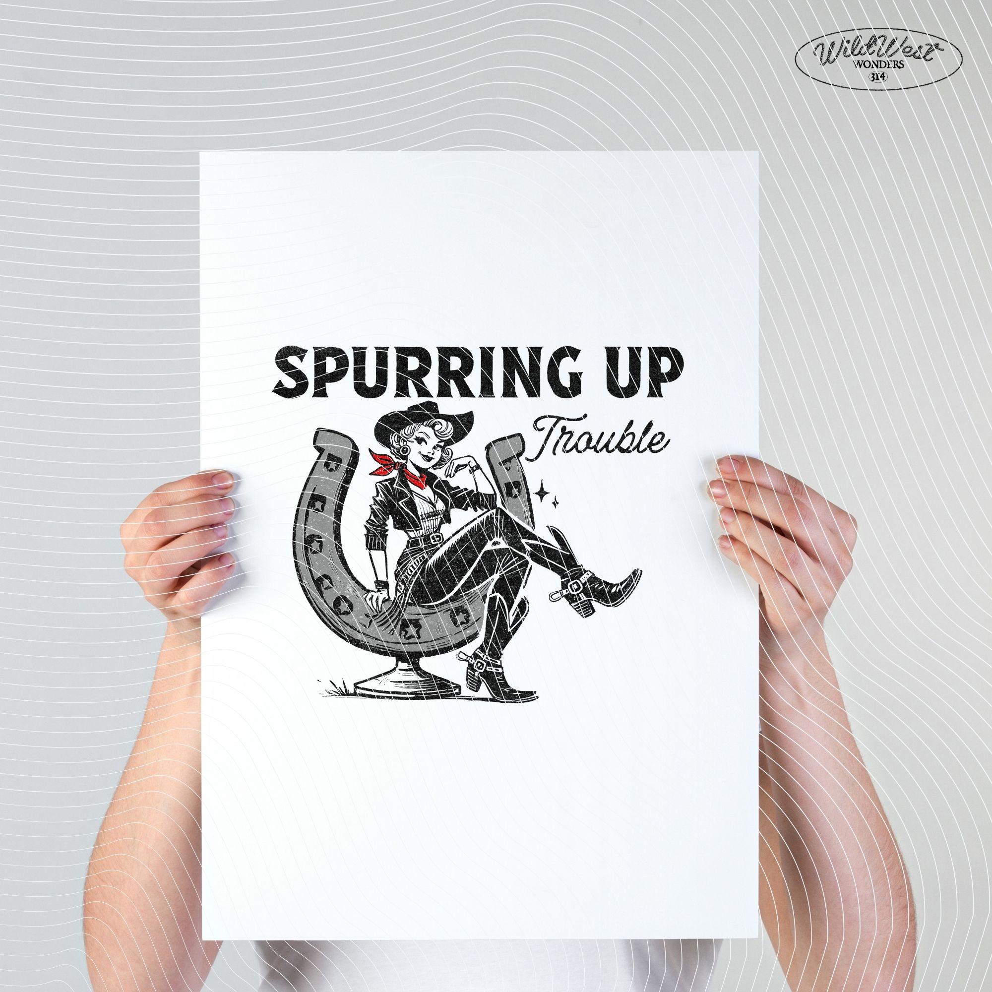 Spurring Up Trouble PNG Retro Cowgirl Horseshoe PNG, Trendy Vintage Comic, Gift for Her, Sublimation for Tees, Wall art, Stickers, Tote Bags