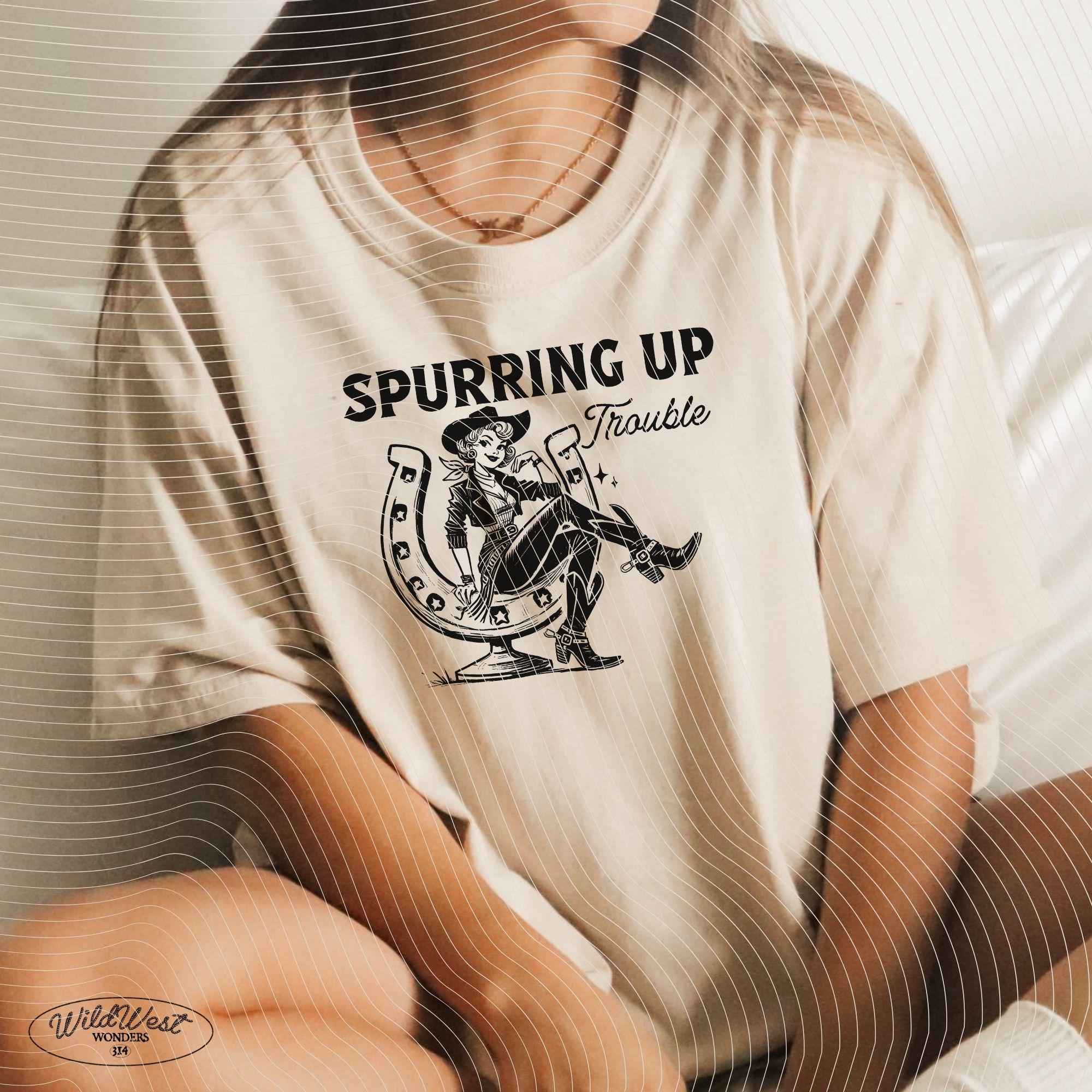 Spurring Up Trouble PNG Retro Cowgirl Horseshoe PNG, Trendy Vintage Comic, Gift for Her, Sublimation for Tees, Wall art, Stickers, Tote Bags