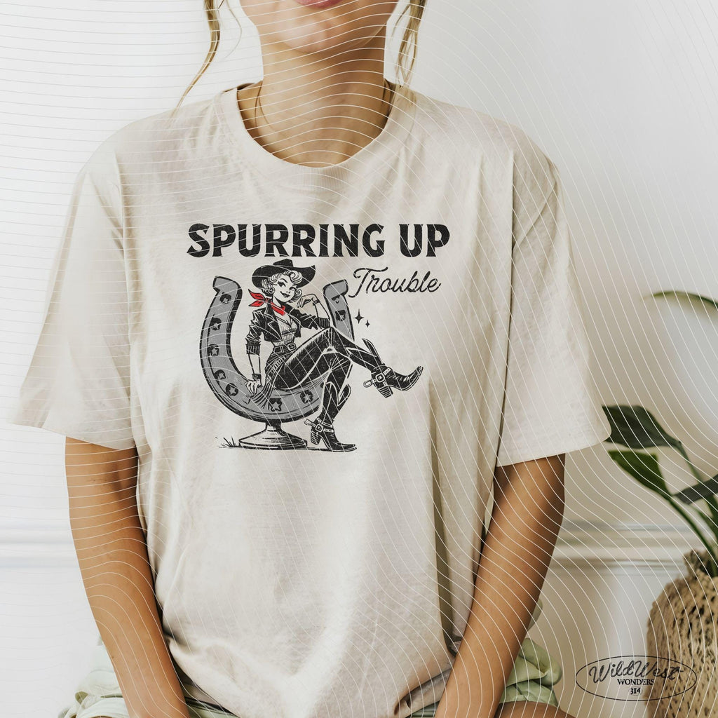 Spurring Up Trouble PNG Retro Cowgirl Horseshoe PNG, Trendy Vintage Comic, Gift for Her, Sublimation for Tees, Wall art, Stickers, Tote Bags
