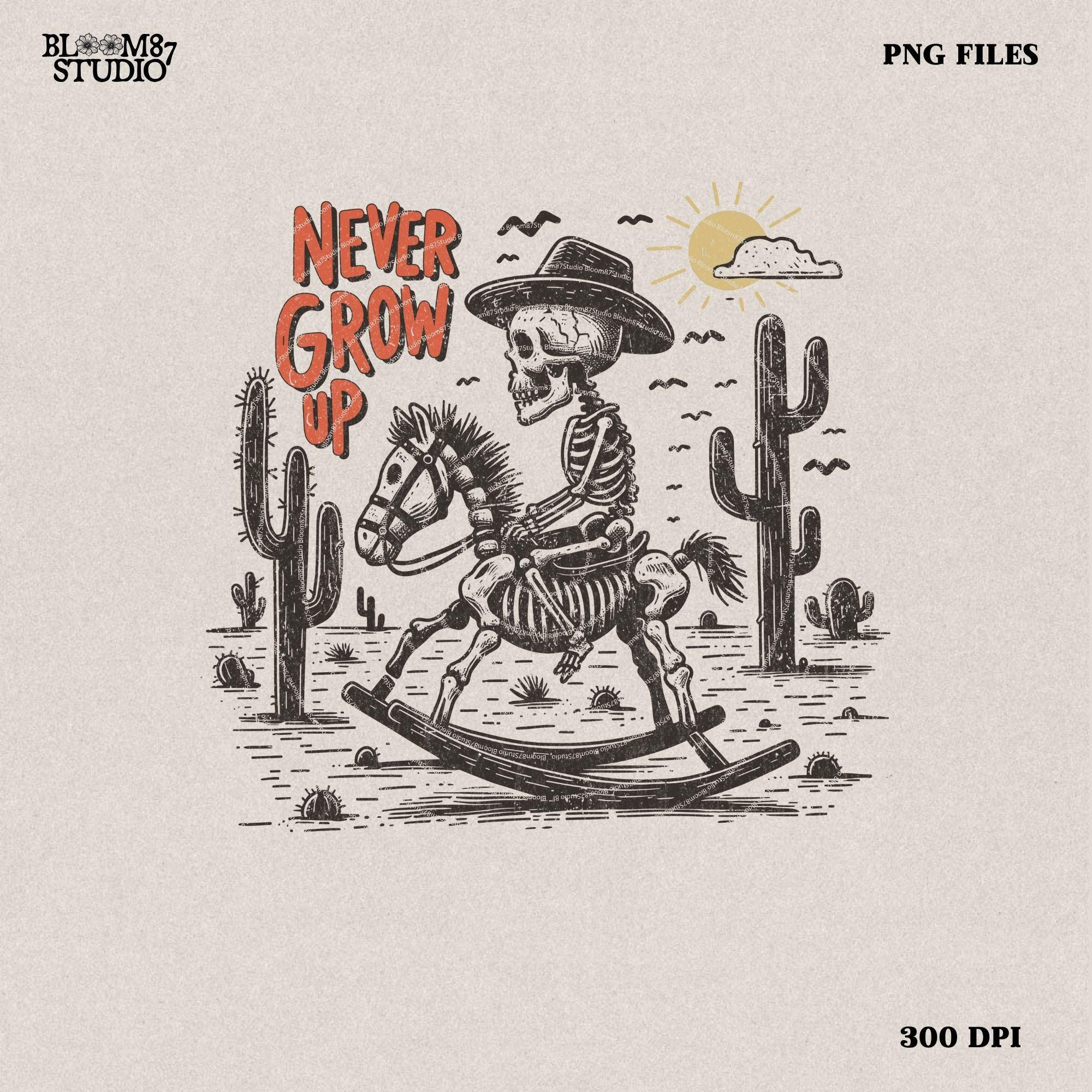 Never Grow Up Skeleton Cowboy PNG, Retro Western PNG, Western Cowboy Skull PNG, Western png, Desert Western Rocking Horse png, Vintage Style