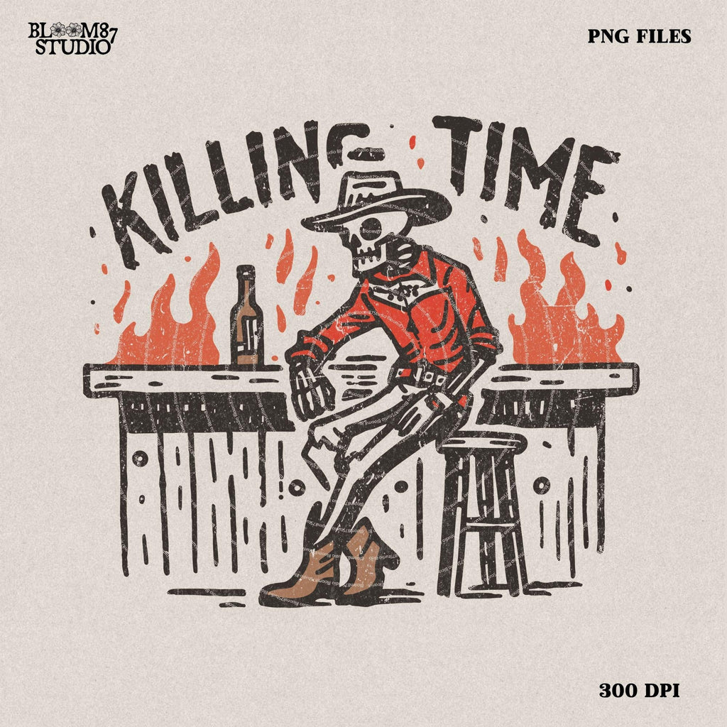 Killing Time - Cowboy Skeleton at Bar Png, Western Cowboy Skull Design PNG, Western PNG, Vintage Style PNG,Western Design,Desert Western Png