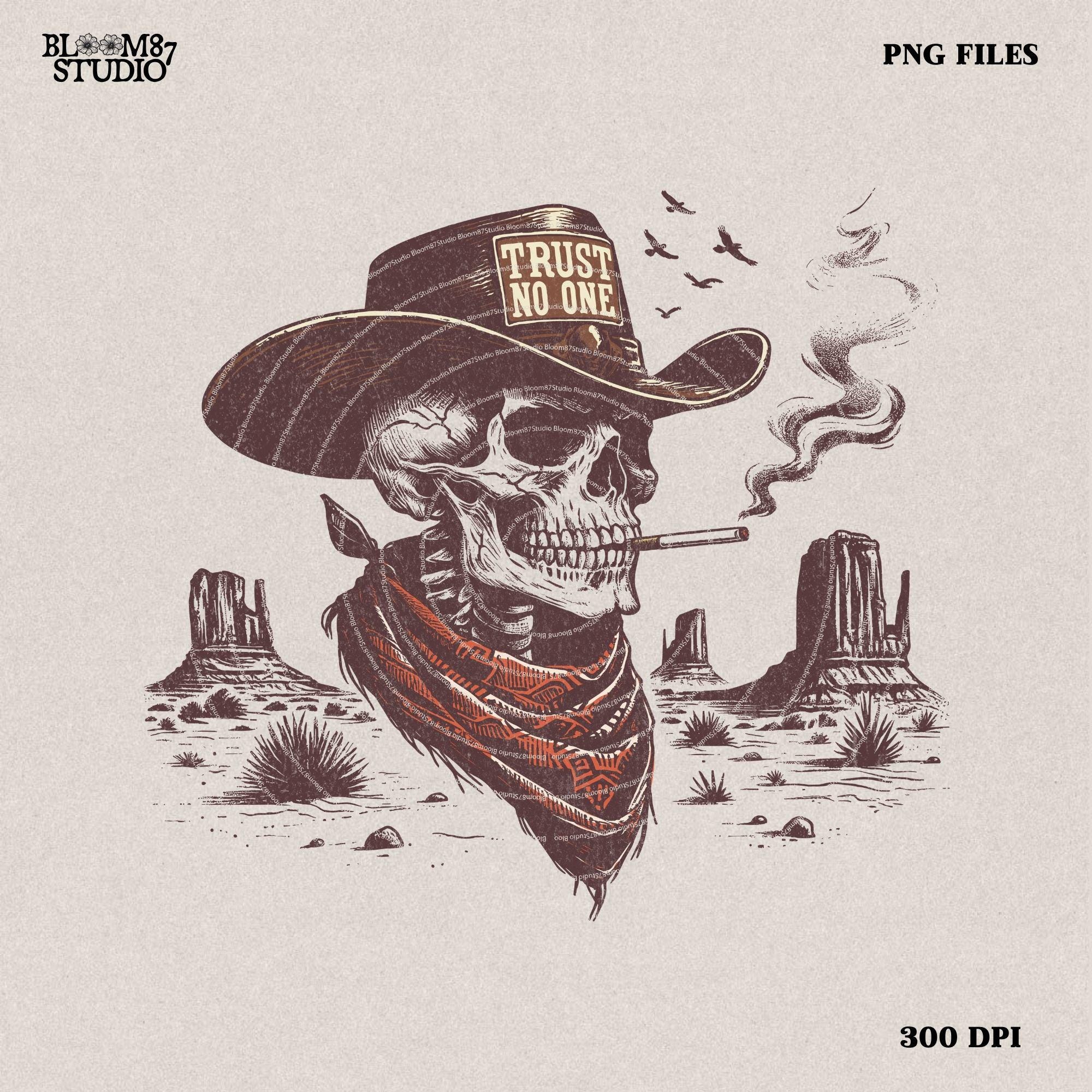 Trust No One Png , Western Cowboy Skull Design PNG, Western PNG, Vintage Style PNG, Western Design, Desert Western Png, hand drawn png