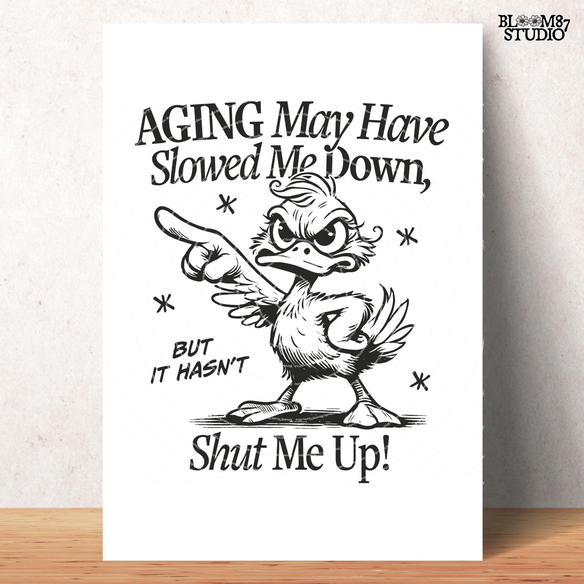 Aging May Have Slowed Me Down PNG, Funny Silly Duck, Angry Bird, Sarcastic Humor Quote, Adult Humor Png, Sublimation Design For Tees, Mugs