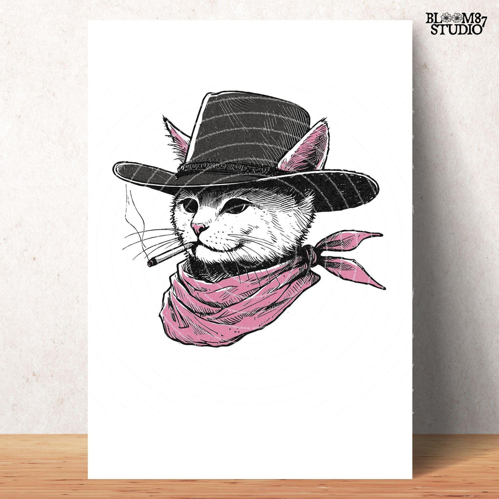 Cowboy Cat with Pink Bandana and Hat PNG, Rustic Western Animal, Vintage Desert Png, Rustic Country Png, Vintage Farmhouse, Southwestern Png
