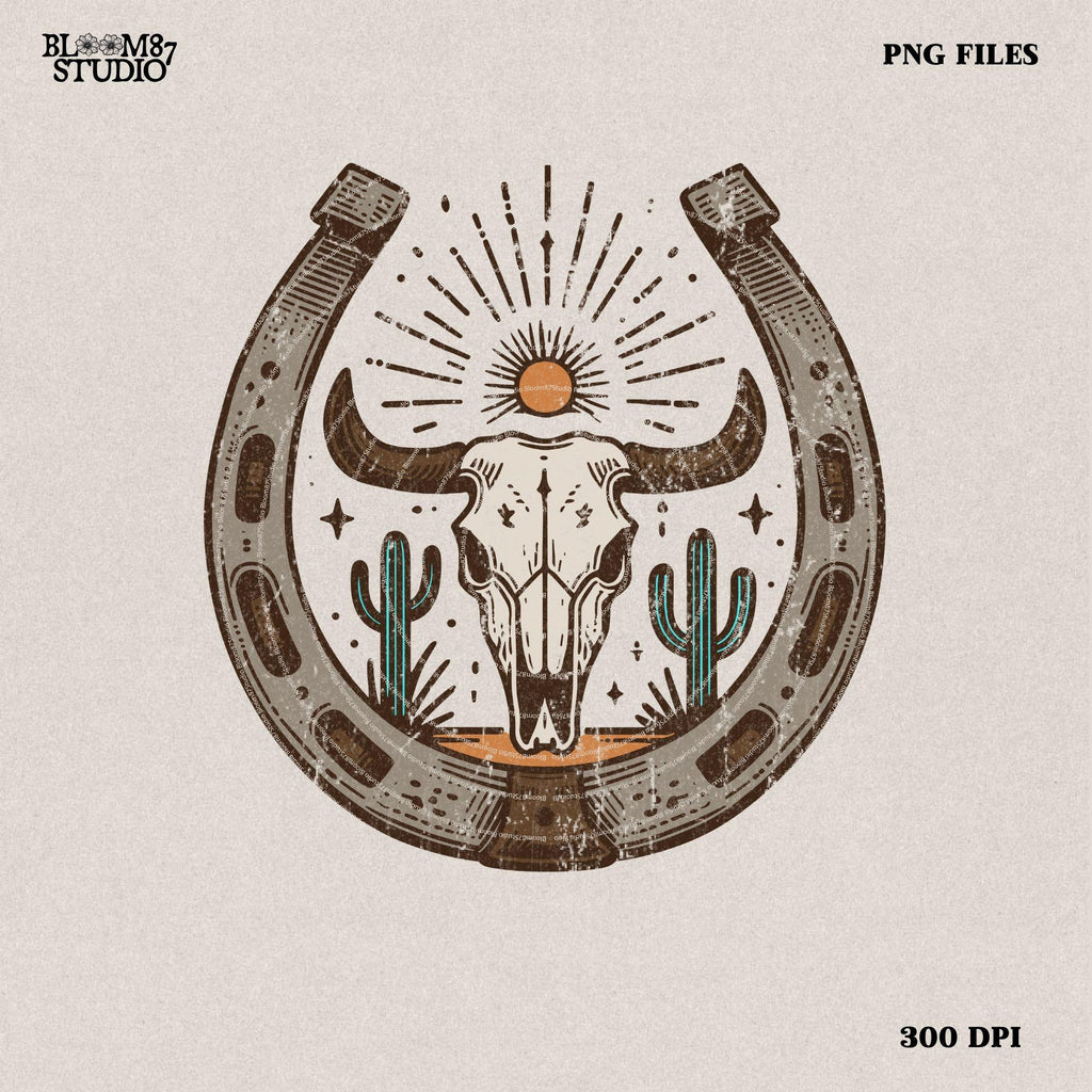 Desert Cow Skull Horseshoe PNG, Western Cowgirl, Western Shirt Design PNG, Western PNG, Vintage Style png, Western Design png, Horseshoe png