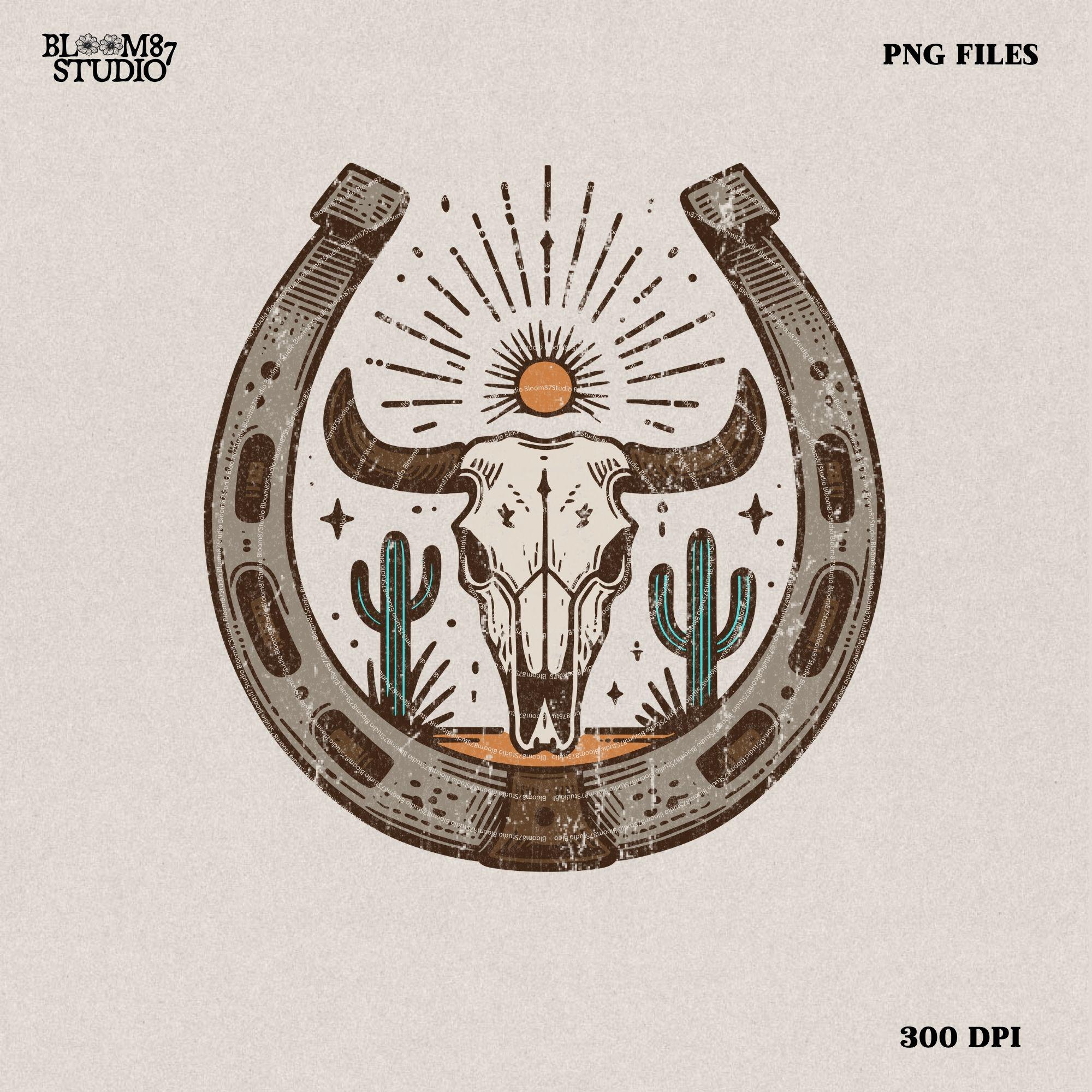Desert Cow Skull Horseshoe PNG, Western Cowgirl, Western Shirt Design PNG, Western PNG, Vintage Style png, Western Design png, Horseshoe png