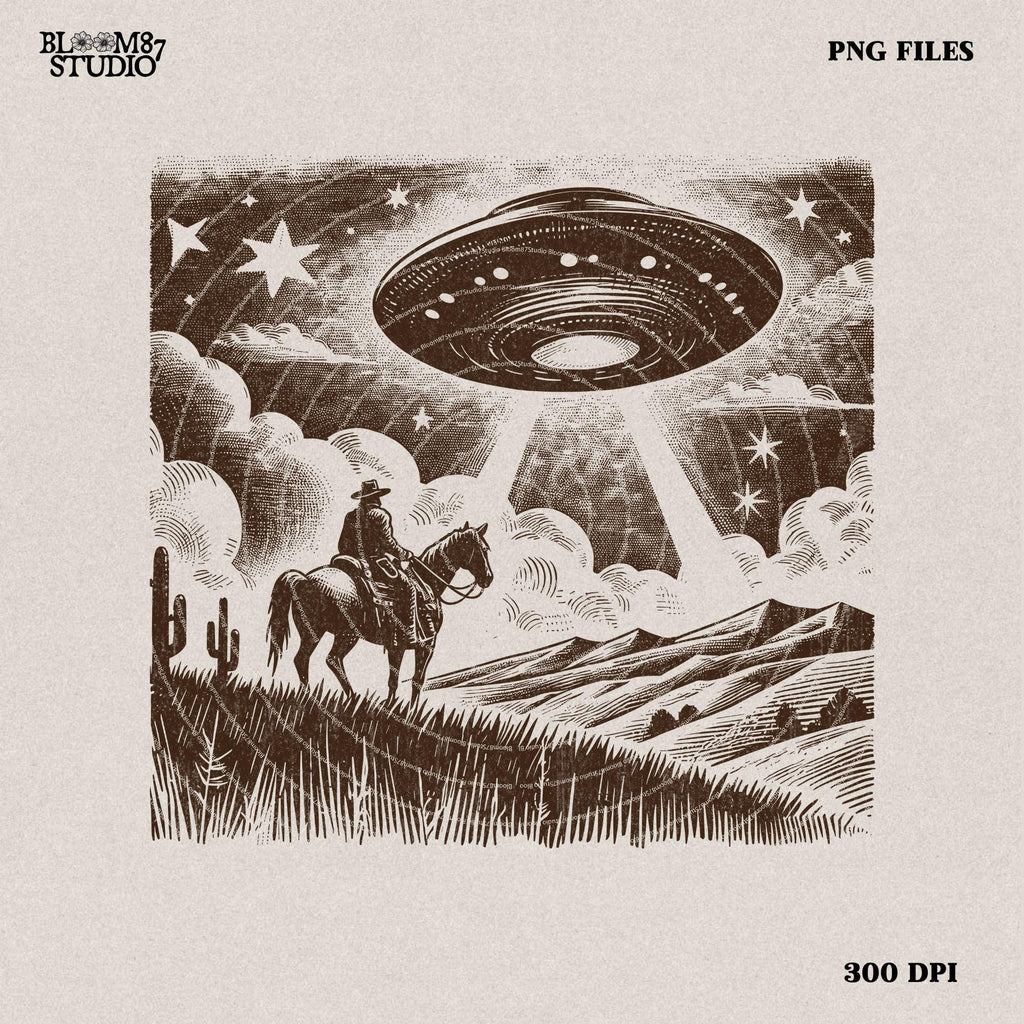Cowboy UFO PNG Retro Alien Spaceship Vintage Western Horse Riding Desert Funny Illustration T-Shirt Graphic Transparent PNG Digital Download