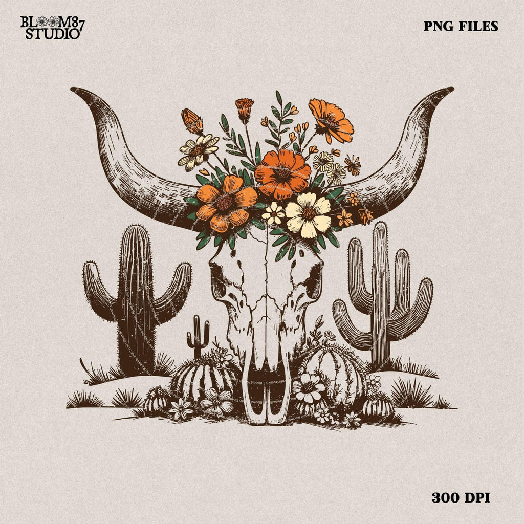 Western Desert Cow Skull Cactus, PNG Sublimations, Western Sublimations, Cowboy png, Designs Downloads, Shirt Design, Sublimation Download