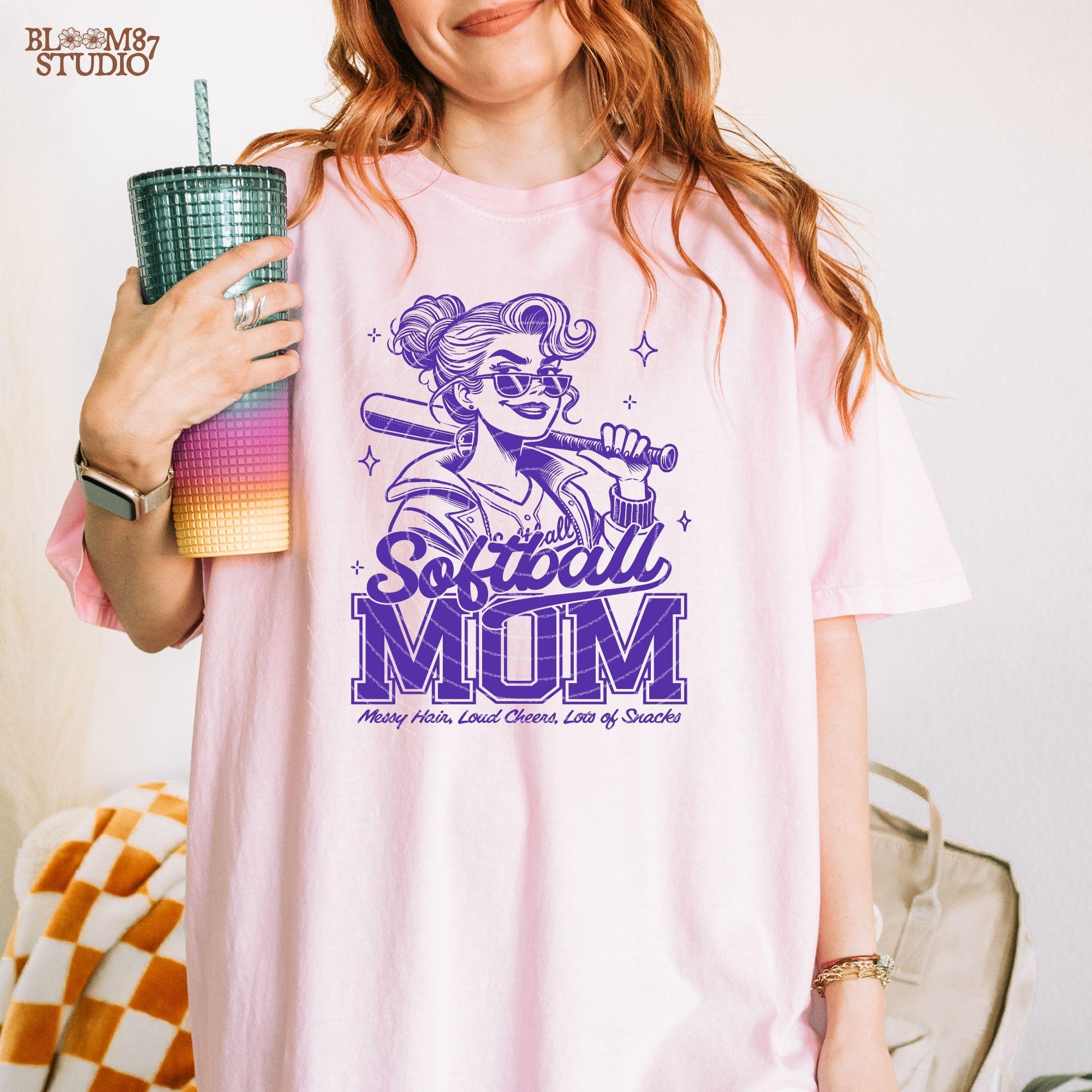 Softball Mom PNG, Messy Hair Loud Cheers Lots of Snacks Mom, Funny Sports Mom, Softball Png, Softball Mom T-Shirt PNG, Sublimation Design
