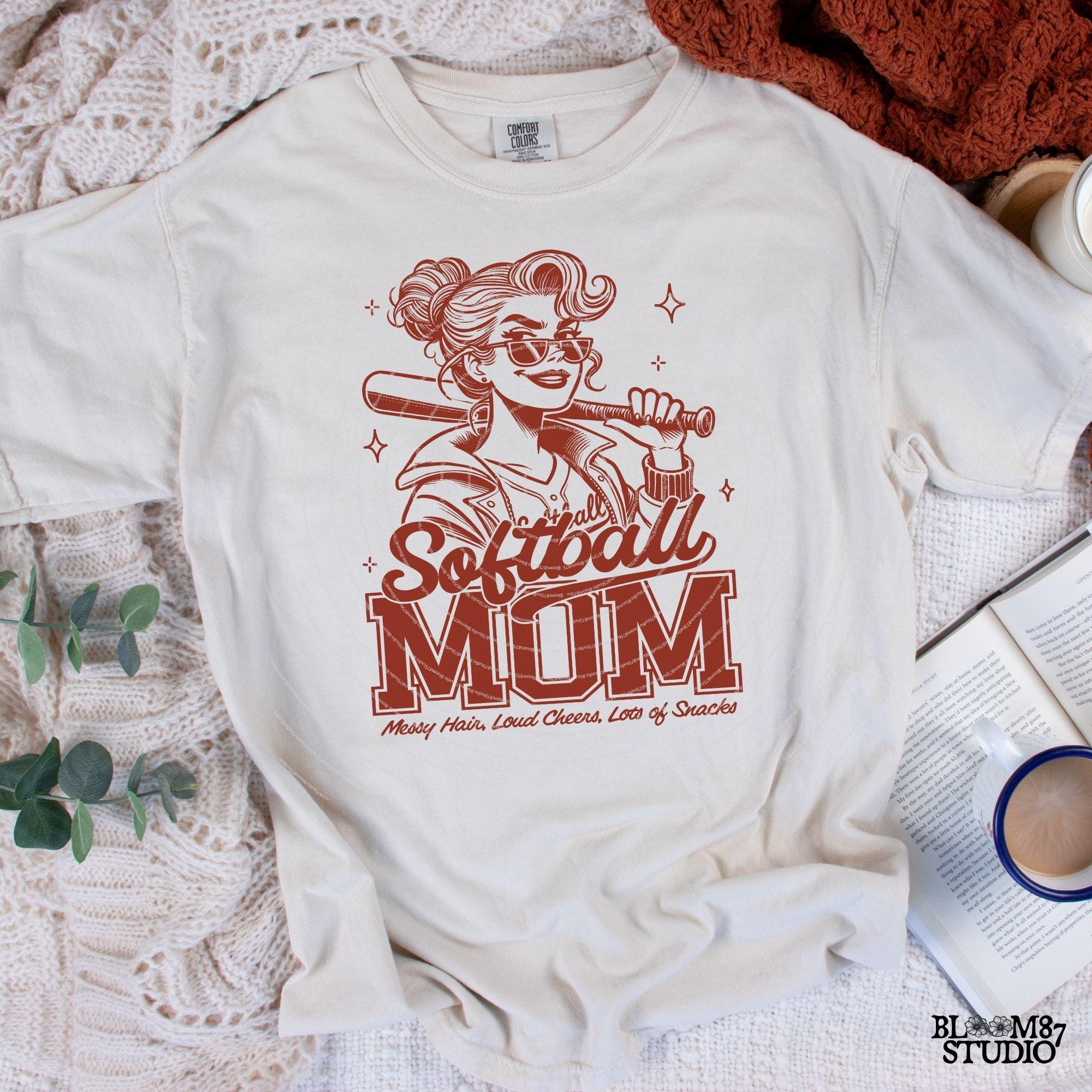 Softball Mom PNG, Messy Hair Loud Cheers Lots of Snacks Mom, Funny Sports Mom, Softball Png, Softball Mom T-Shirt PNG, Sublimation Design