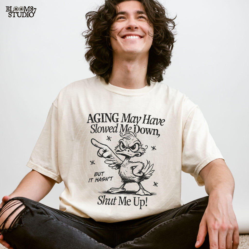 Aging May Have Slowed Me Down PNG, Funny Silly Duck, Angry Bird, Sarcastic Humor Quote, Adult Humor Png, Sublimation Design For Tees, Mugs