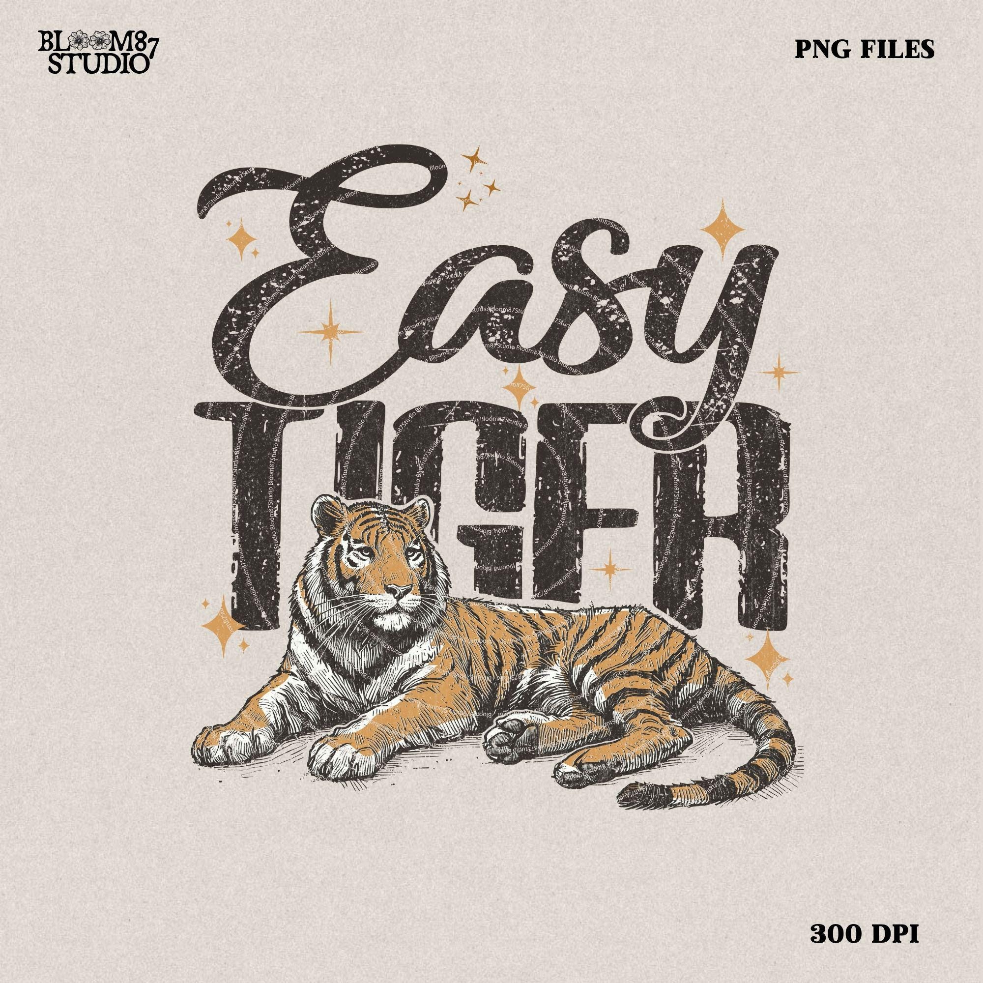 Easy Tiger Retro Tiger PNG - Trendy retro T-Shirt Design - Funny Quote with Tiger Graphic, Western PNG, Vintage Style PNG, Hand drawn png