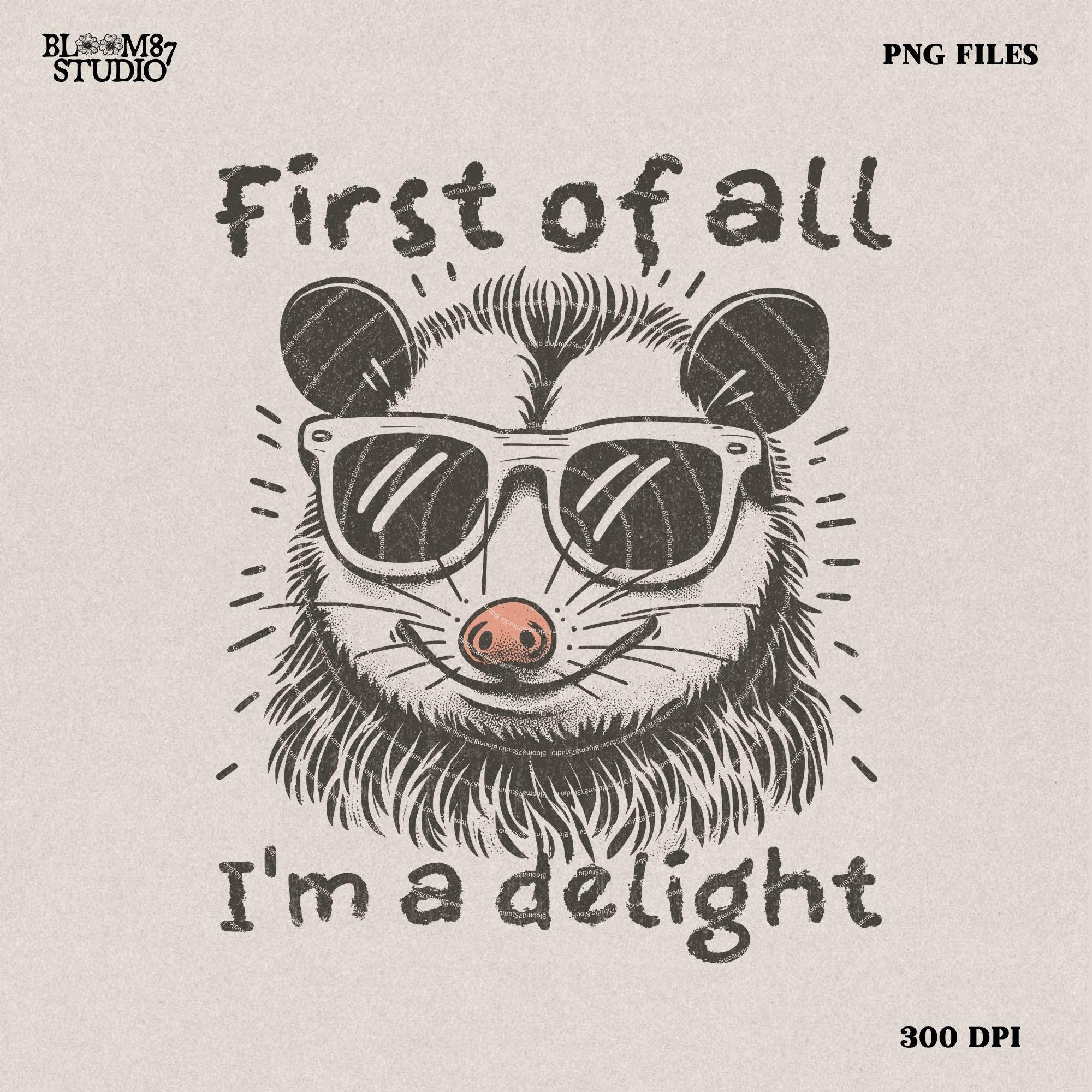 First of All I'm a Delight Sarcastic PNG Files, Cute Anime Funny Possum/Opossum, opossum lovers, Angry Possum graphics, Vintage Shirt Retro