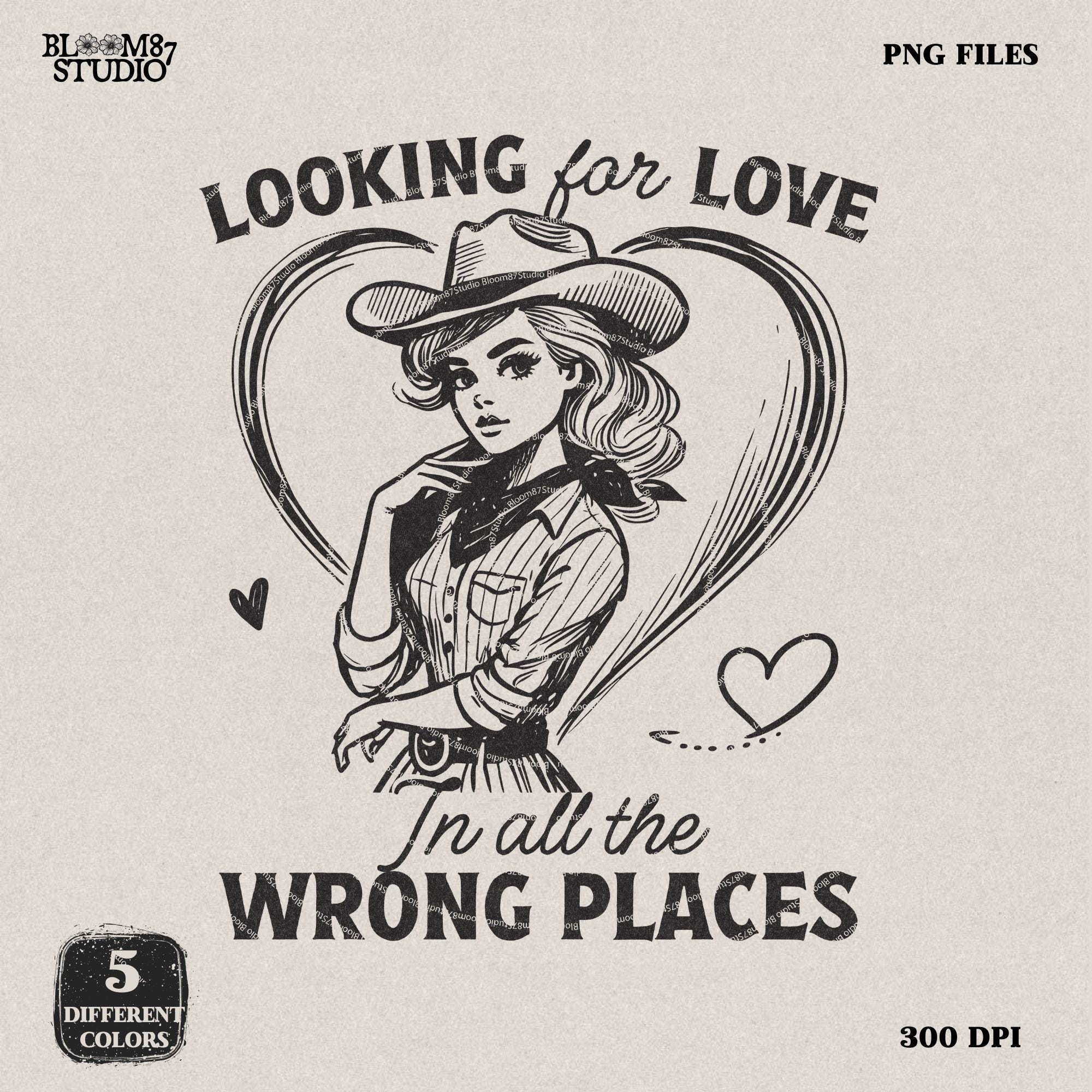Looking for Love Western Cowgirl PNG Trendy Vintage Retro Comic Romantic Valentine's Day Gift for Her Ror Tees Wall Art, Stickers, Tote Bags