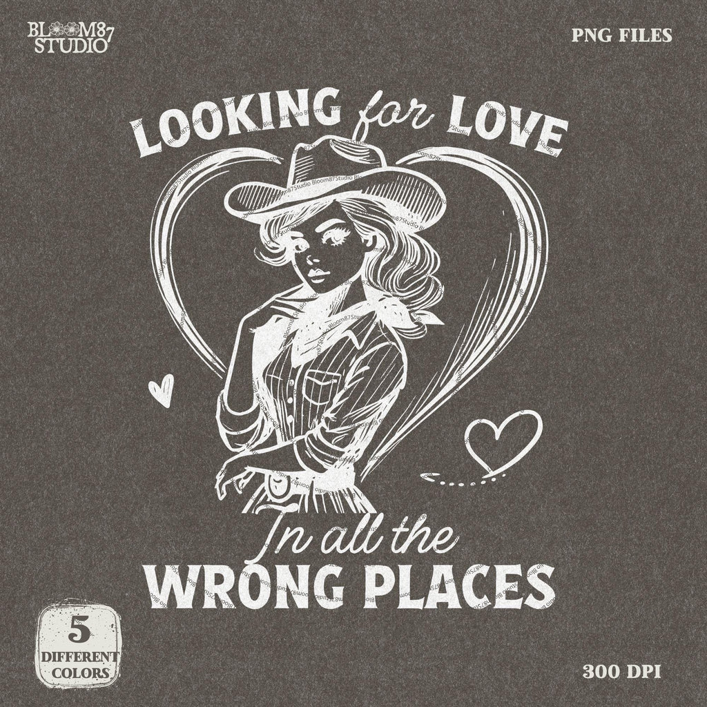 Looking for Love Western Cowgirl PNG Trendy Vintage Retro Comic Romantic Valentine's Day Gift for Her Ror Tees Wall Art, Stickers, Tote Bags