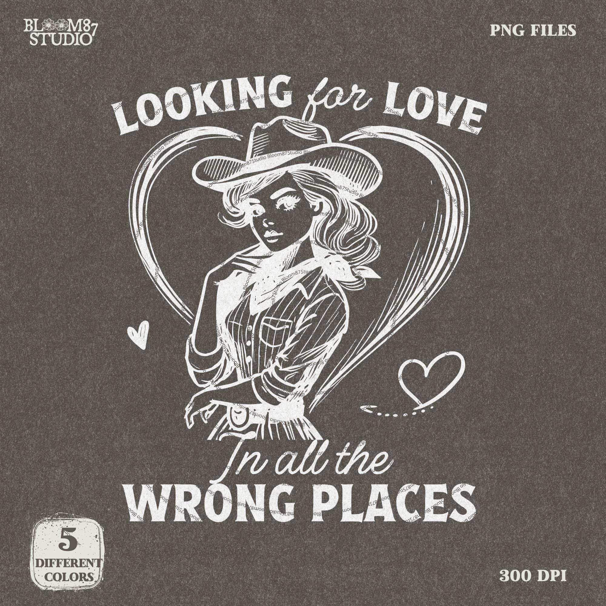 Looking for Love Western Cowgirl PNG Trendy Vintage Retro Comic Romantic Valentine's Day Gift for Her Ror Tees Wall Art, Stickers, Tote Bags