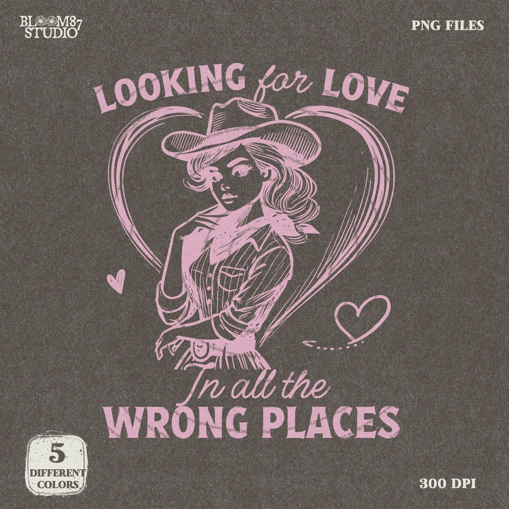 Looking for Love Western Cowgirl PNG Trendy Vintage Retro Comic Romantic Valentine's Day Gift for Her Ror Tees Wall Art, Stickers, Tote Bags