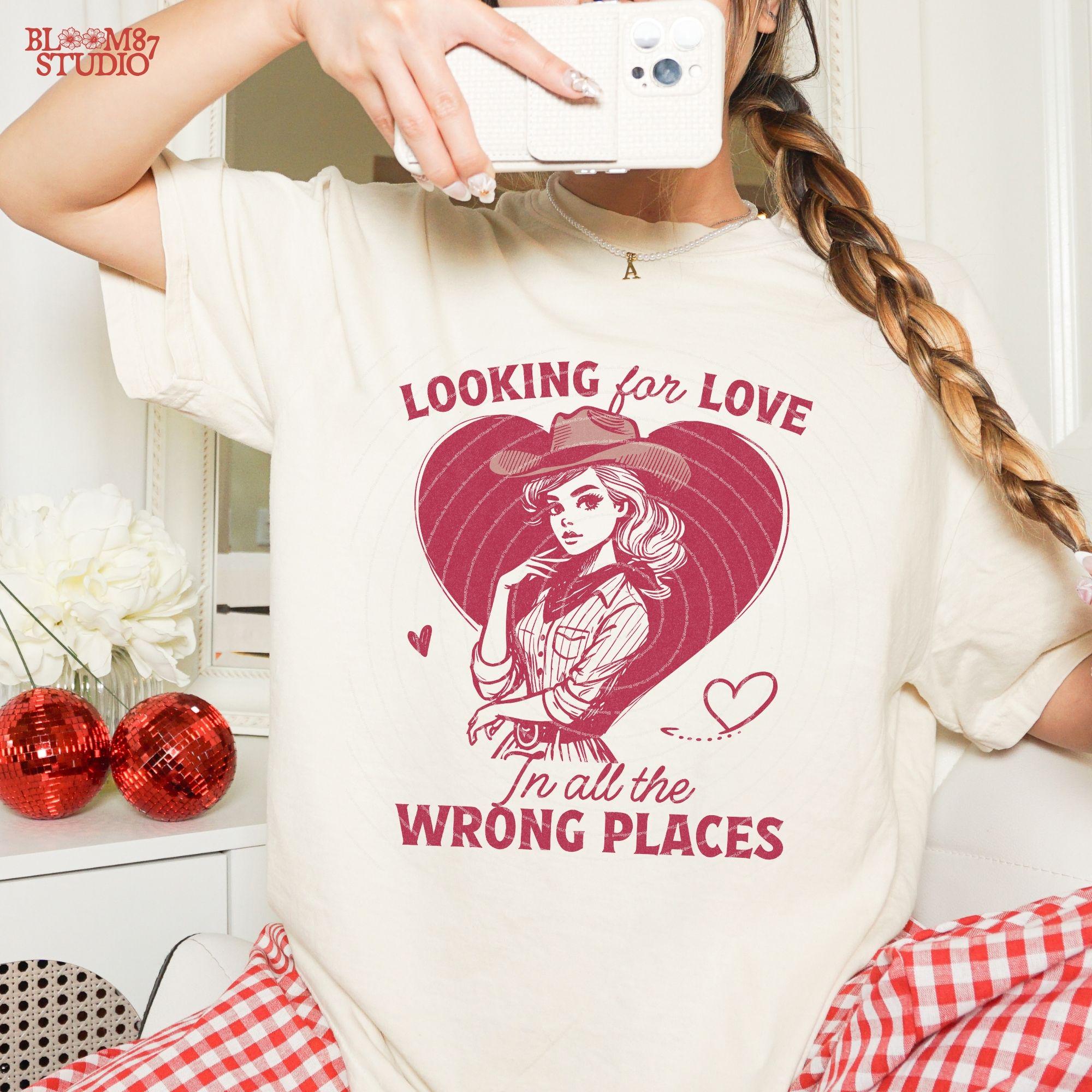 Looking for Love Western Cowgirl PNG Trendy Vintage Retro Comic Romantic Valentine's Day Gift for Her Ror Tees Wall Art, Stickers, Tote Bags