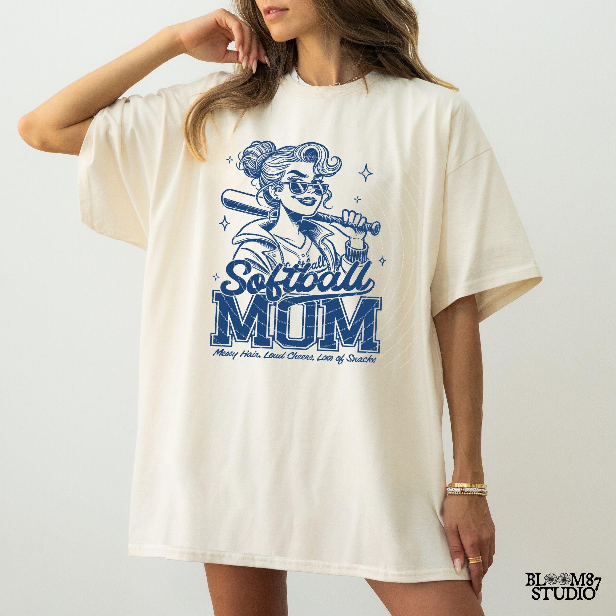 Softball Mom PNG, Messy Hair Loud Cheers Lots of Snacks Mom, Funny Sports Mom, Softball Png, Softball Mom T-Shirt PNG, Sublimation Design