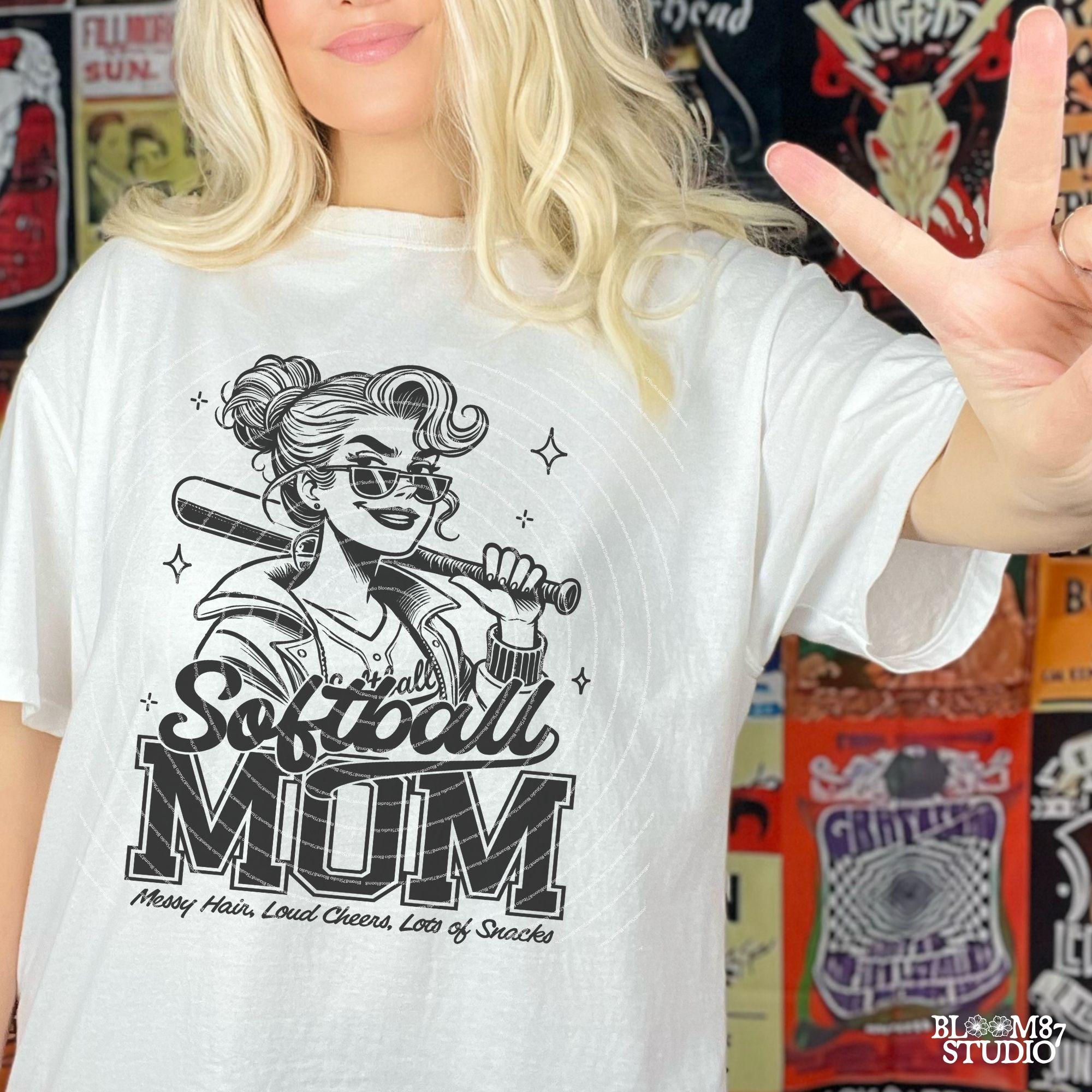Softball Mom PNG, Messy Hair Loud Cheers Lots of Snacks Mom, Funny Sports Mom, Softball Png, Softball Mom T-Shirt PNG, Sublimation Design