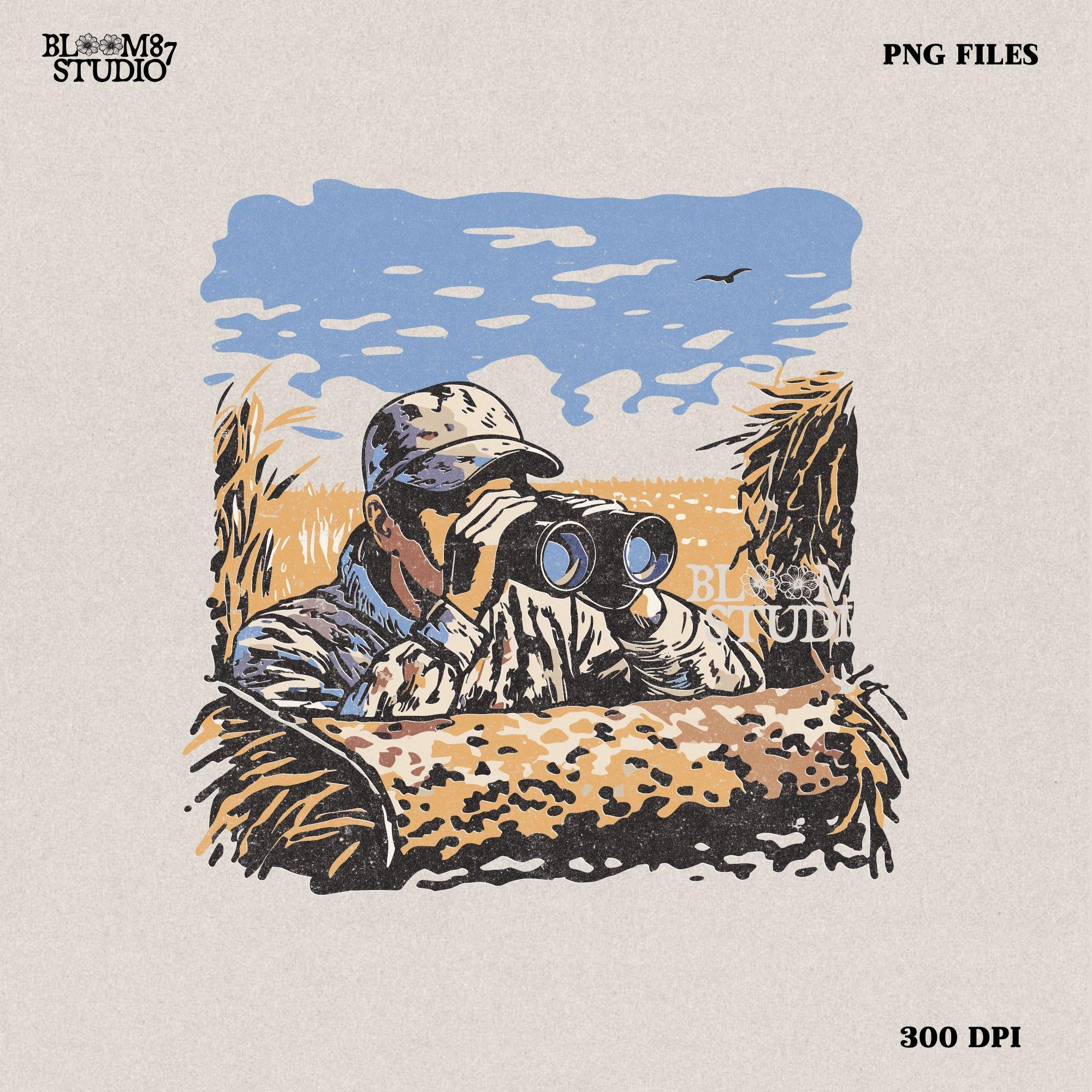 “Illustrated camouflage hunter peeking through binoculars from a duck blind, surrounded by tall grass, with a blue sky and golden field background. A detailed digital hunting-themed design, perfect for outdoorsmen, wildlife lovers, and hunting gear.”