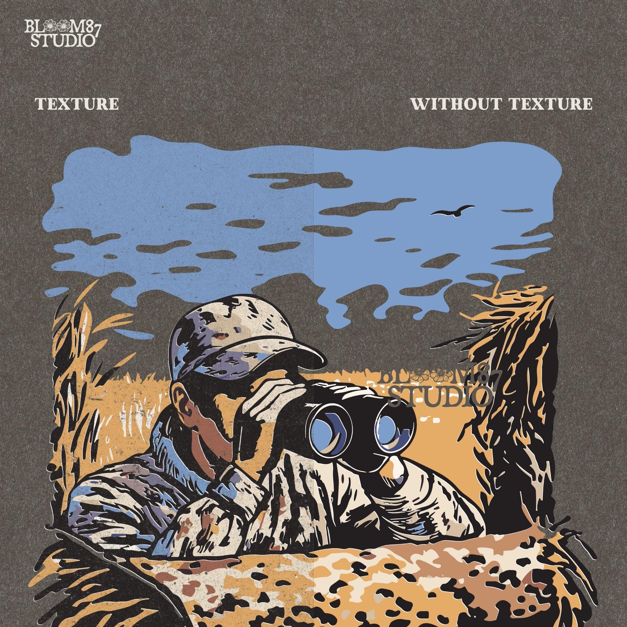 “Illustrated camouflage hunter peeking through binoculars from a duck blind, surrounded by tall grass, with a blue sky and golden field background. A detailed digital hunting-themed design, perfect for outdoorsmen, wildlife lovers, and hunting gear.”