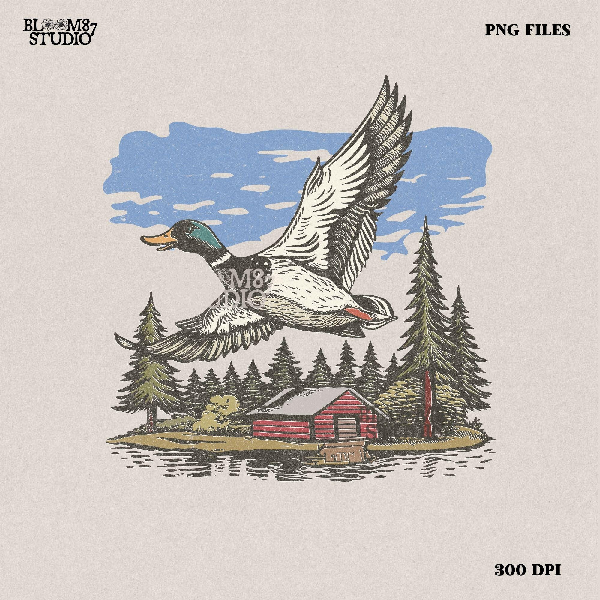 Vintage illustration of a mallard duck flying over a red cabin by the lake, surrounded by pine trees. Perfect for rustic lodge decor and wildlife art prints.
