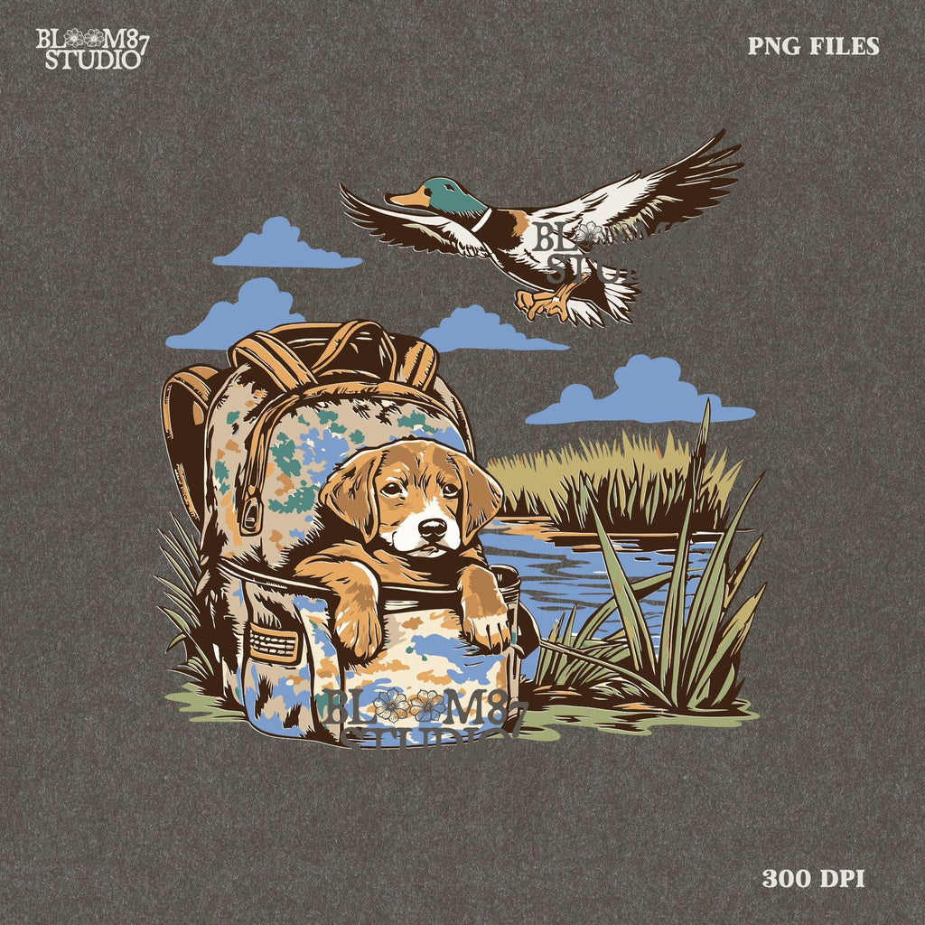 Illustration of a hunting dog resting in a camouflage bag near a pond, with a mallard duck flying overhead in a peaceful outdoor setting.
