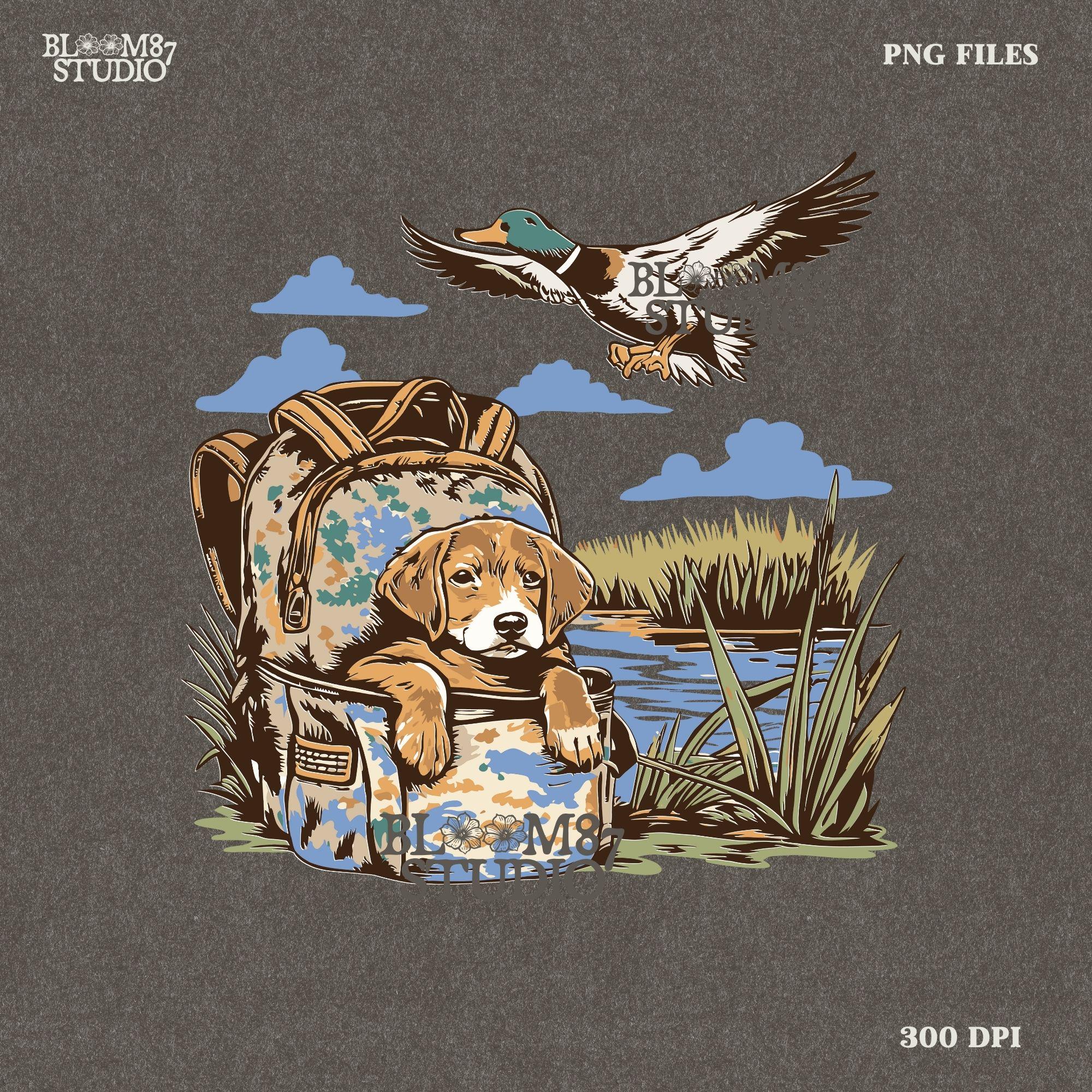 Illustration of a hunting dog resting in a camouflage bag near a pond, with a mallard duck flying overhead in a peaceful outdoor setting.