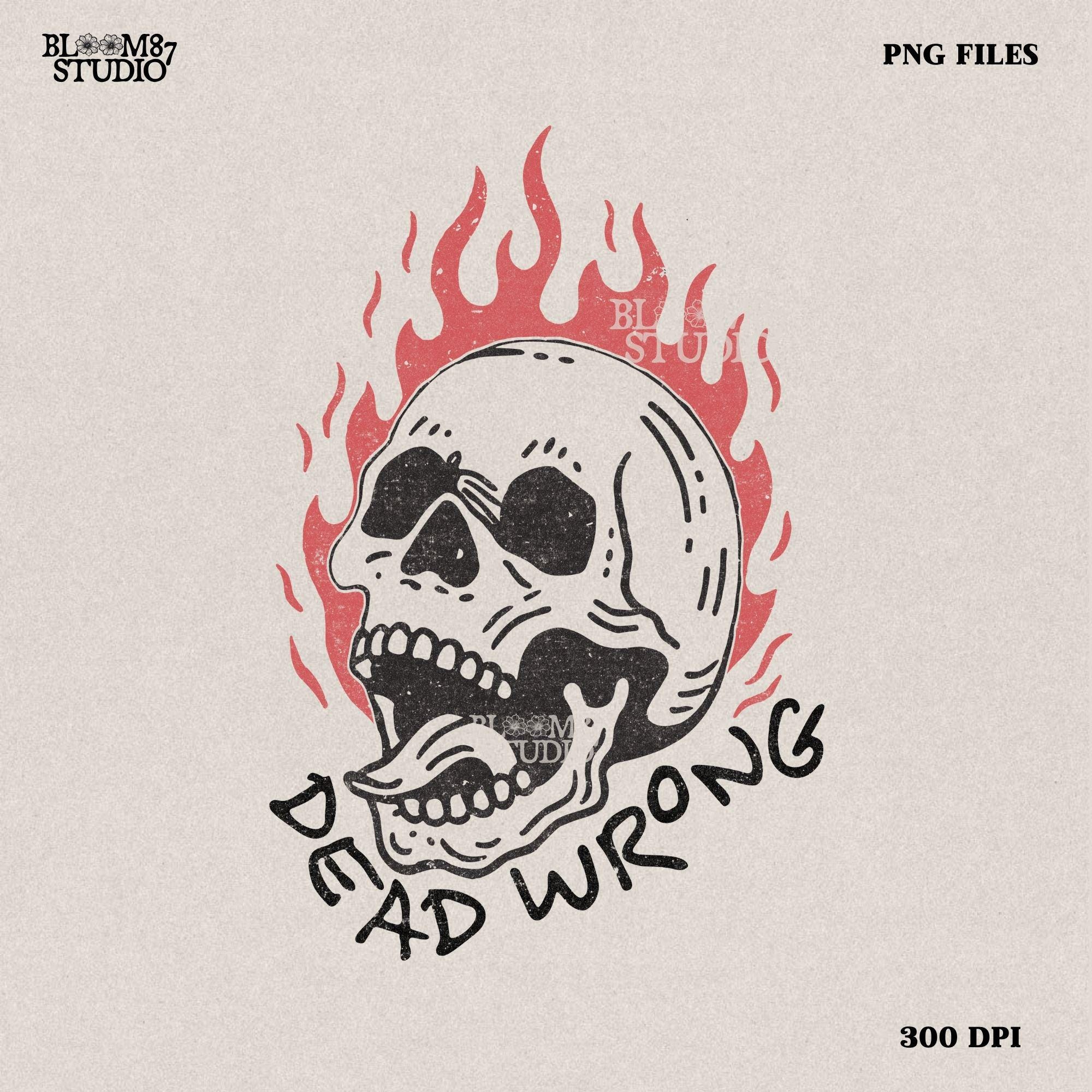 Vintage-style flaming skull illustration with a gothic, tattoo-inspired design. Perfect for edgy artwork, biker graphics, and rock-inspired prints.