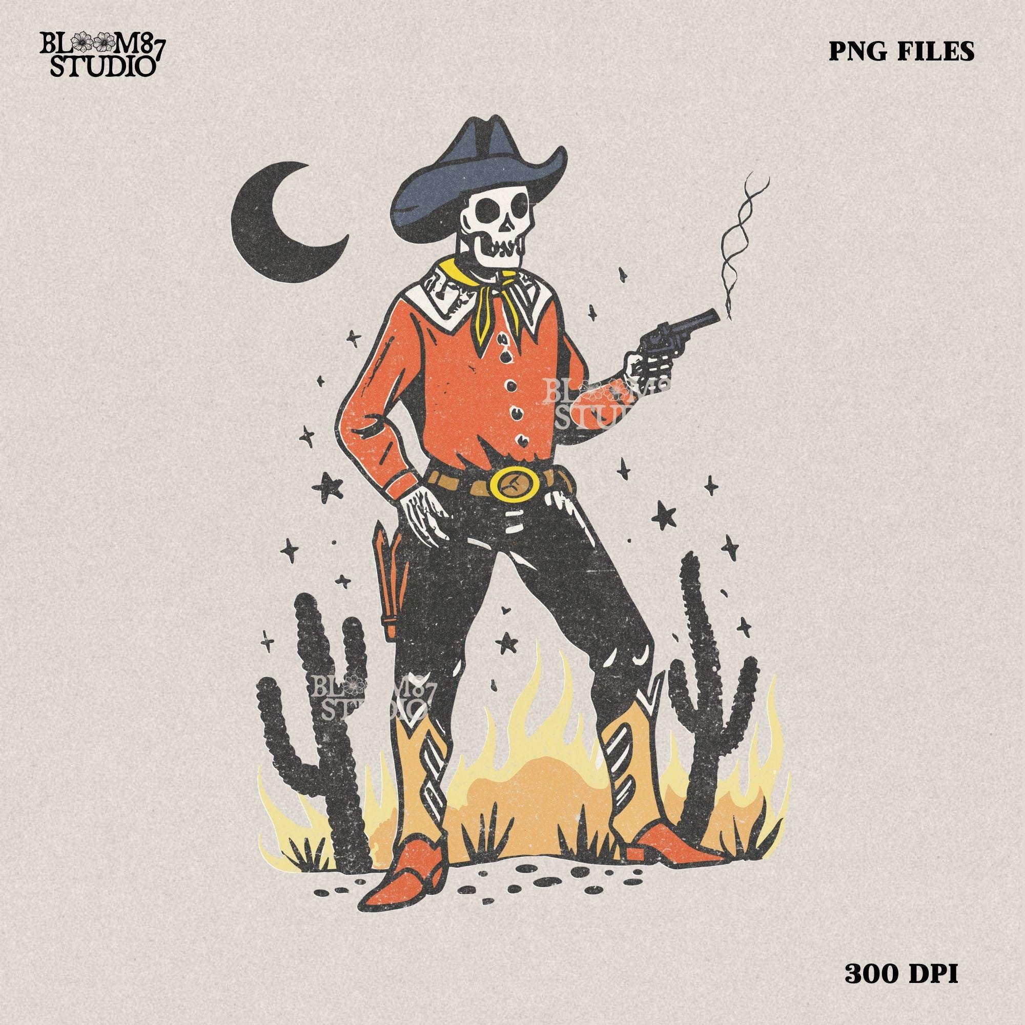Vintage-style illustration of a skeleton cowboy in a red shirt and hat, holding a smoking revolver in a desert scene with cacti and fire.