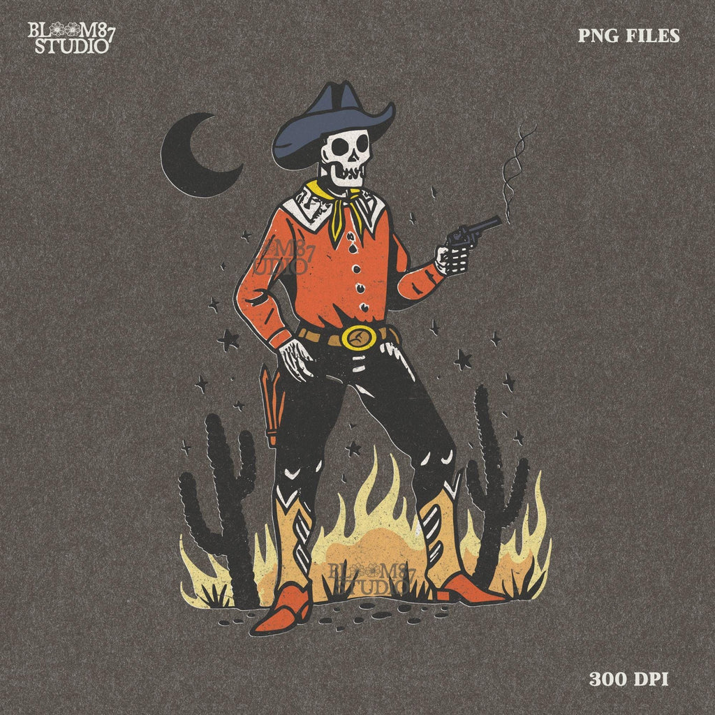 Vintage-style illustration of a skeleton cowboy in a red shirt and hat, holding a smoking revolver in a desert scene with cacti and fire.