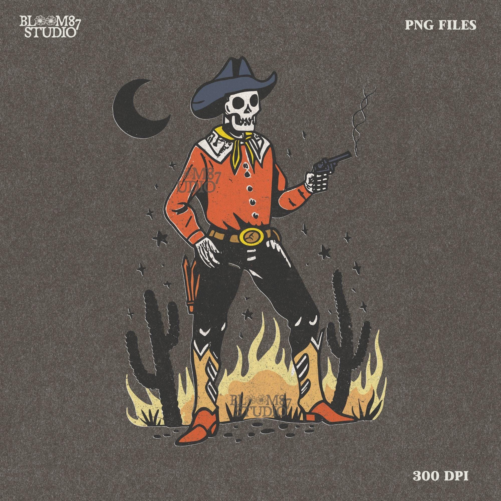 Vintage-style illustration of a skeleton cowboy in a red shirt and hat, holding a smoking revolver in a desert scene with cacti and fire.
