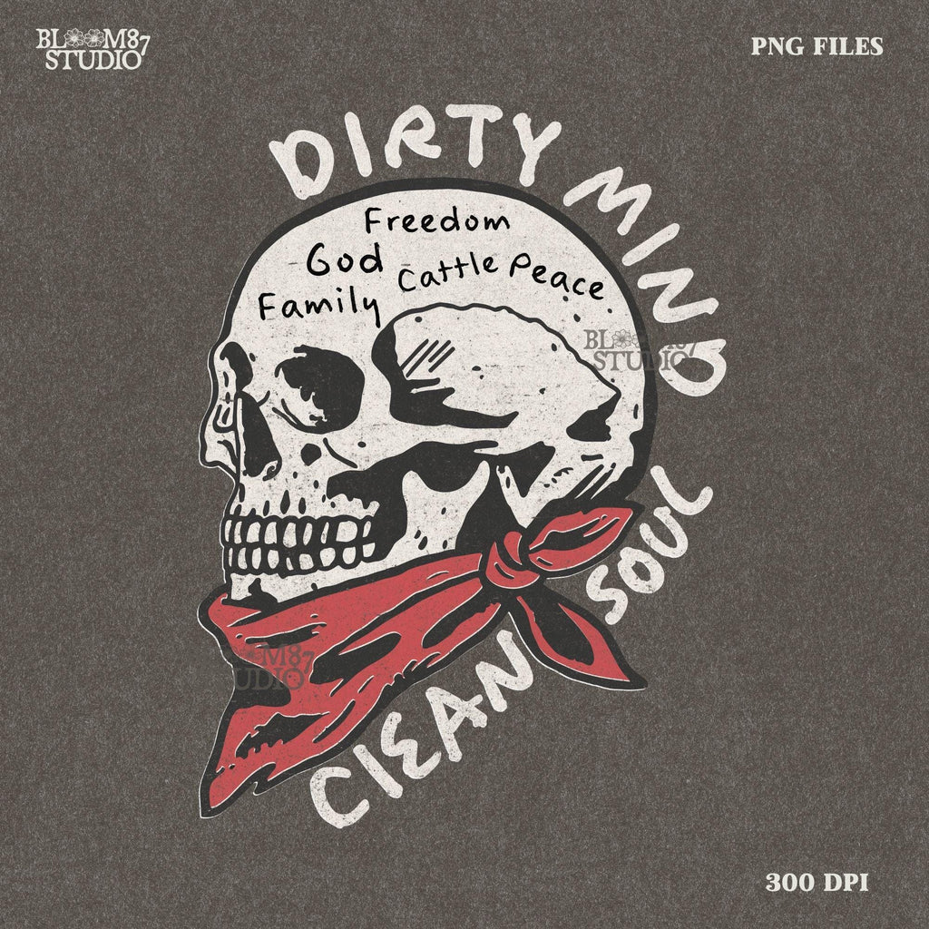 Vintage-style illustration of a cowboy skull wearing a red bandana, featuring handwritten words about freedom, family, and cattle. Perfect for western decor and apparel.