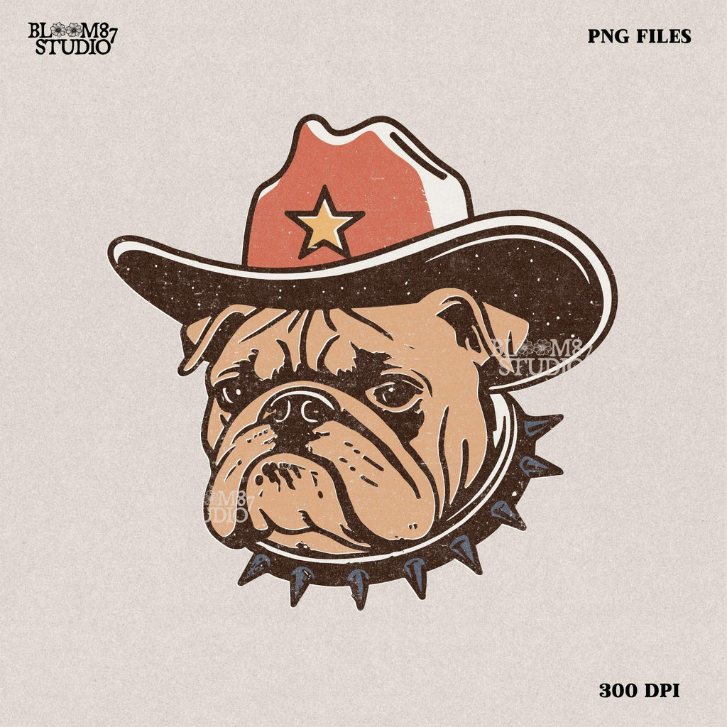 Vintage-style illustration of a tough bulldog wearing a cowboy hat with a star and a spiked collar. Perfect for western decor, rodeo designs, and apparel.