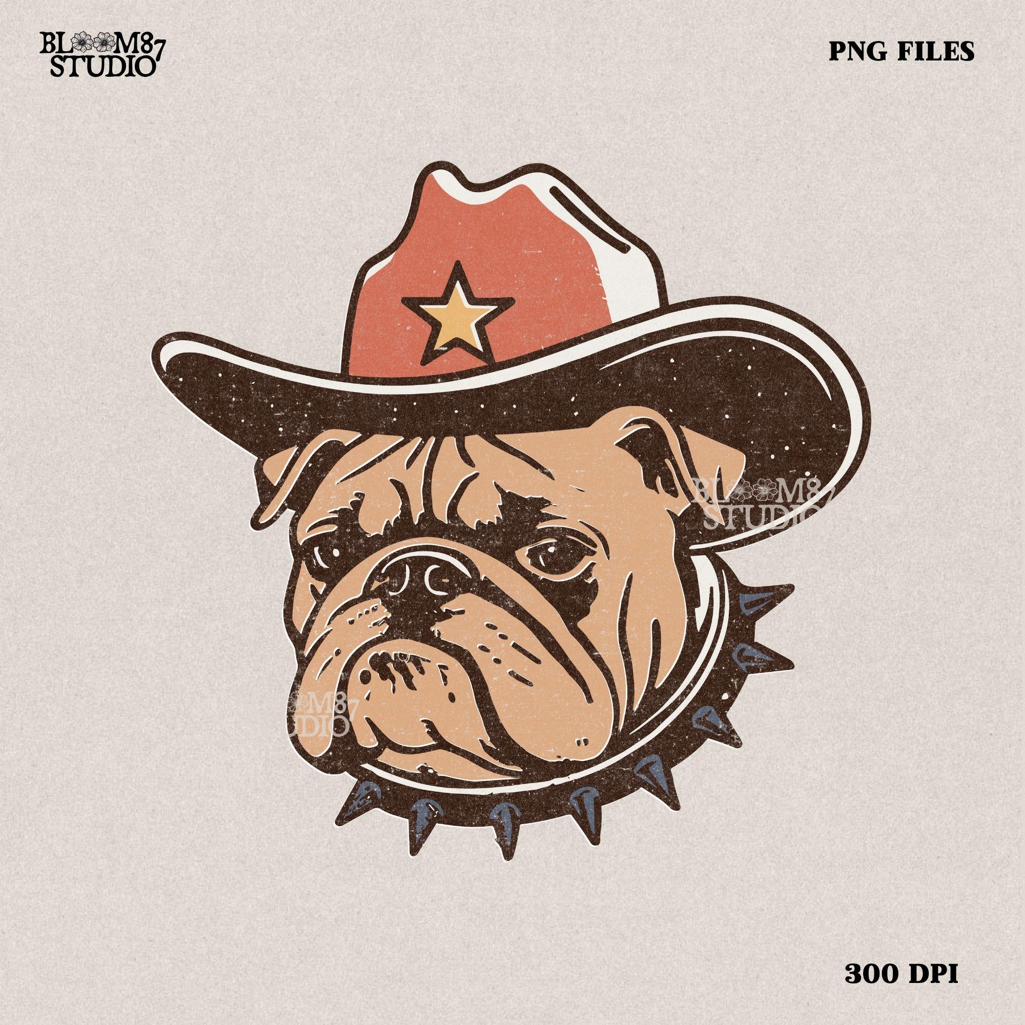 Vintage-style illustration of a tough bulldog wearing a cowboy hat with a star and a spiked collar. Perfect for western decor, rodeo designs, and apparel.