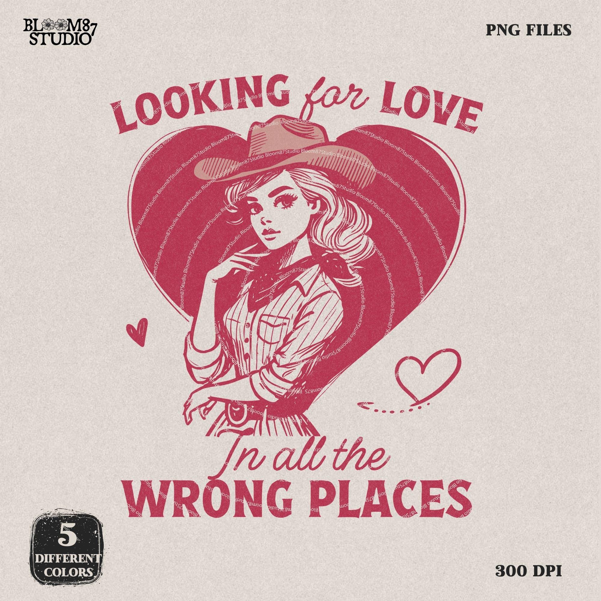 Looking for Love Western Cowgirl PNG Trendy Vintage Retro Comic Romantic Valentine's Day Gift for Her Ror Tees Wall Art, Stickers, Tote Bags