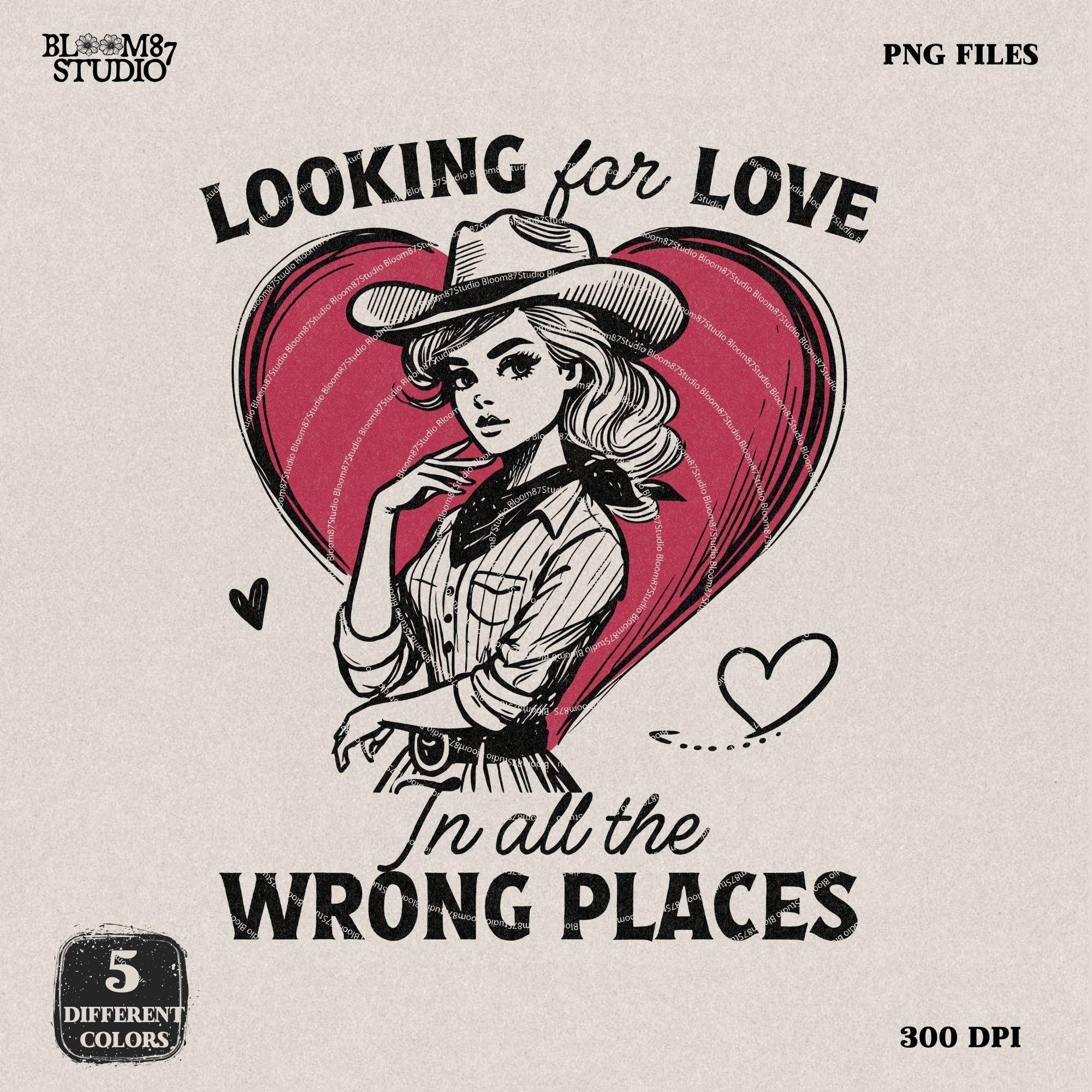 Looking for Love Western Cowgirl PNG Trendy Vintage Retro Comic Romantic Valentine's Day Gift for Her Ror Tees Wall Art, Stickers, Tote Bags