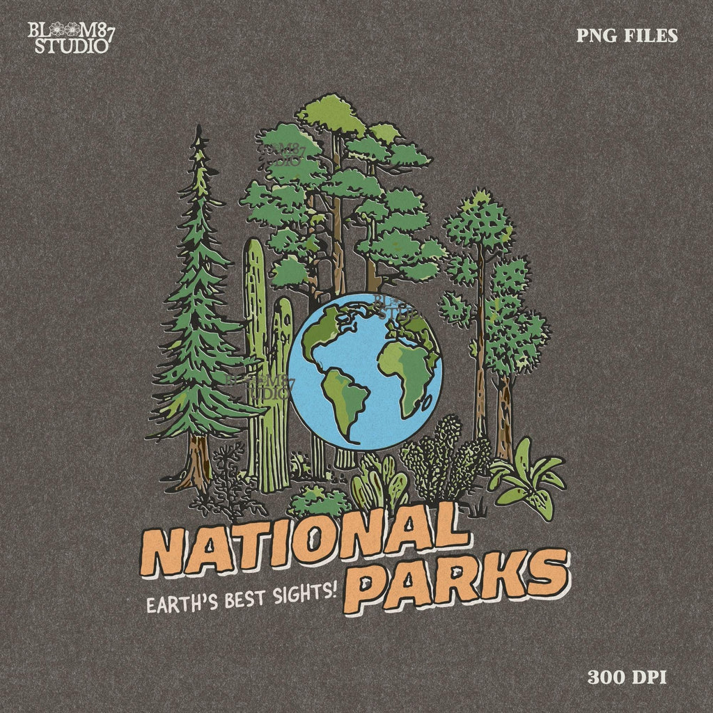 A nature-inspired PNG featuring a globe surrounded by diverse trees and plants, with the words “National Parks” in bold lettering. Perfect for outdoor lovers.