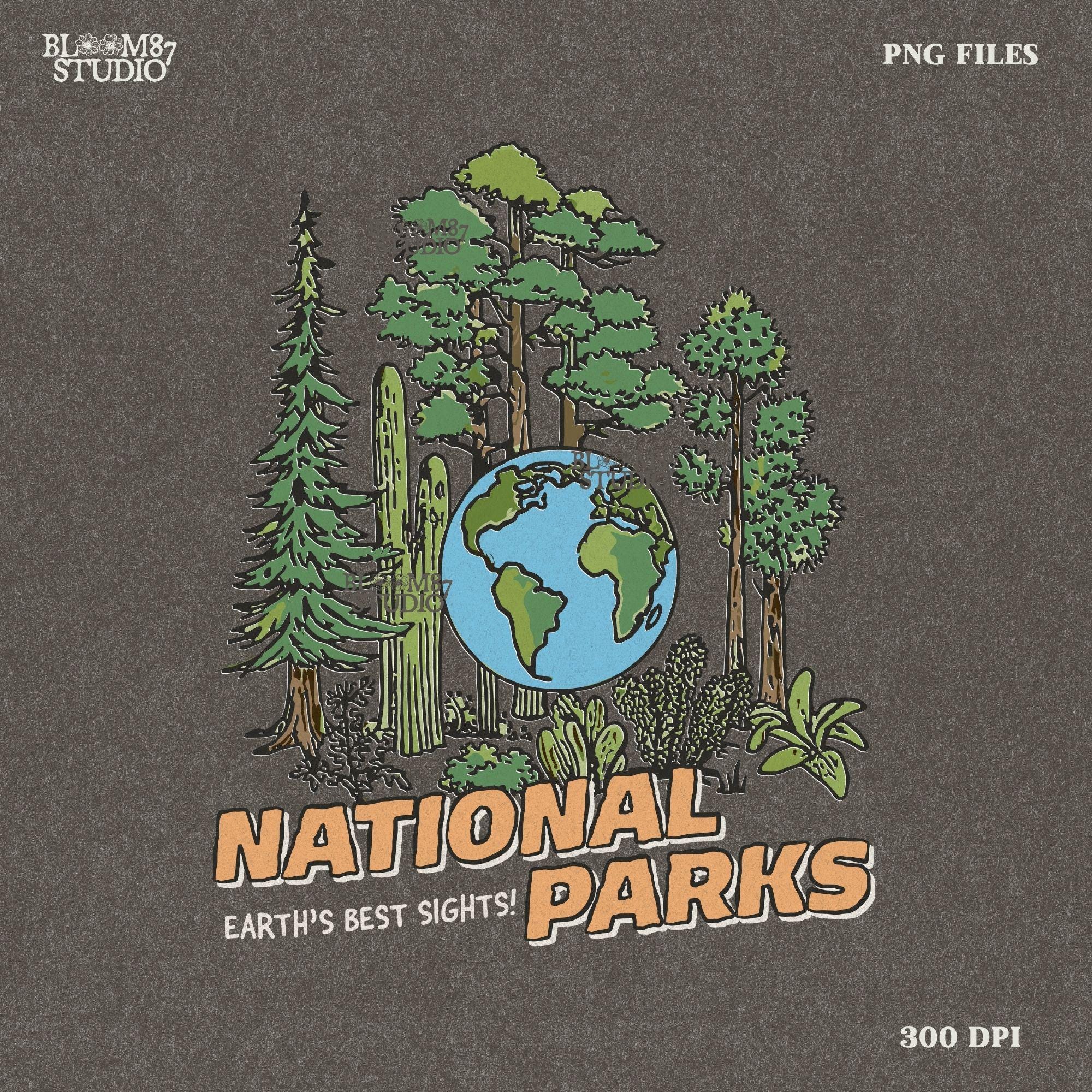 A nature-inspired PNG featuring a globe surrounded by diverse trees and plants, with the words “National Parks” in bold lettering. Perfect for outdoor lovers.