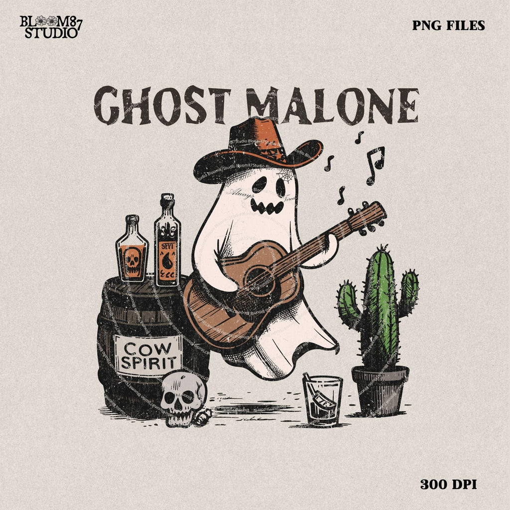 Cowboy Ghost Malone Funny Halloween Western Ghost PNG, Cowboy Skeleton Design, Halloween Music Spirit PNG Spooky Boho Western Halloween Png