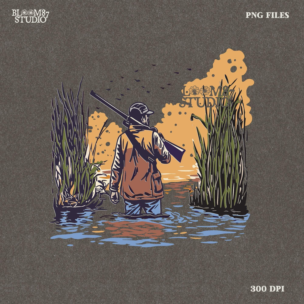 Duck Hunting PNG, Waterfowl Hunter Digital Download, Outdoorsman Sublimation Design,Hunting Png for T-Shirts,Camo Gunman,Sunset Marsh Hunter