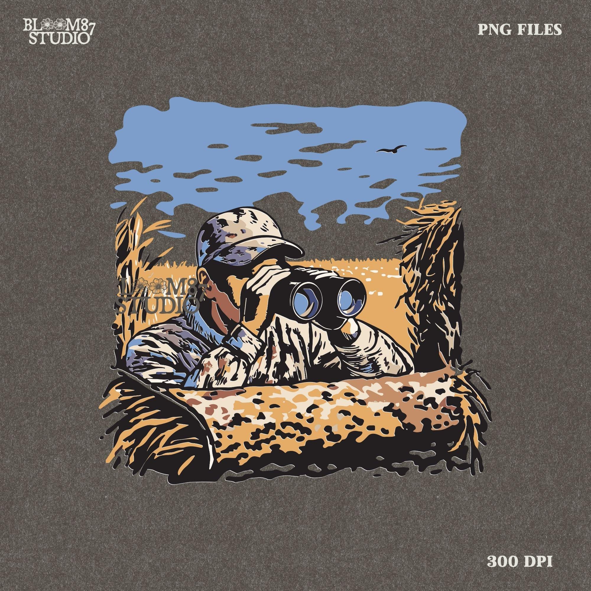 “Illustrated camouflage hunter peeking through binoculars from a duck blind, surrounded by tall grass, with a blue sky and golden field background. A detailed digital hunting-themed design, perfect for outdoorsmen, wildlife lovers, and hunting gear.”