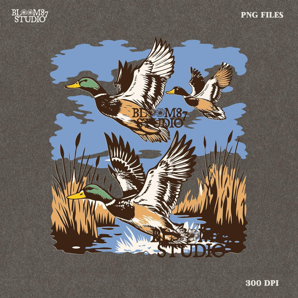 Flying Mallard Ducks PNG, Waterfowl Hunting Digital Download, Duck Hunting Png, Wildlife Sublimation Design, Hunting Lodge, Vintage Graphic