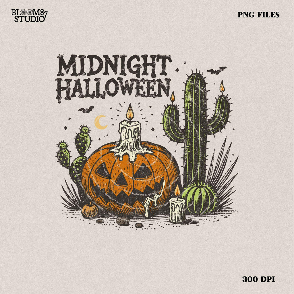 Midnight Halloween PNG, Halloween png, Halloween Shirt png, Retro Halloween png, Halloween Cactus Pumpkin png, Fall png, Sublimation designs