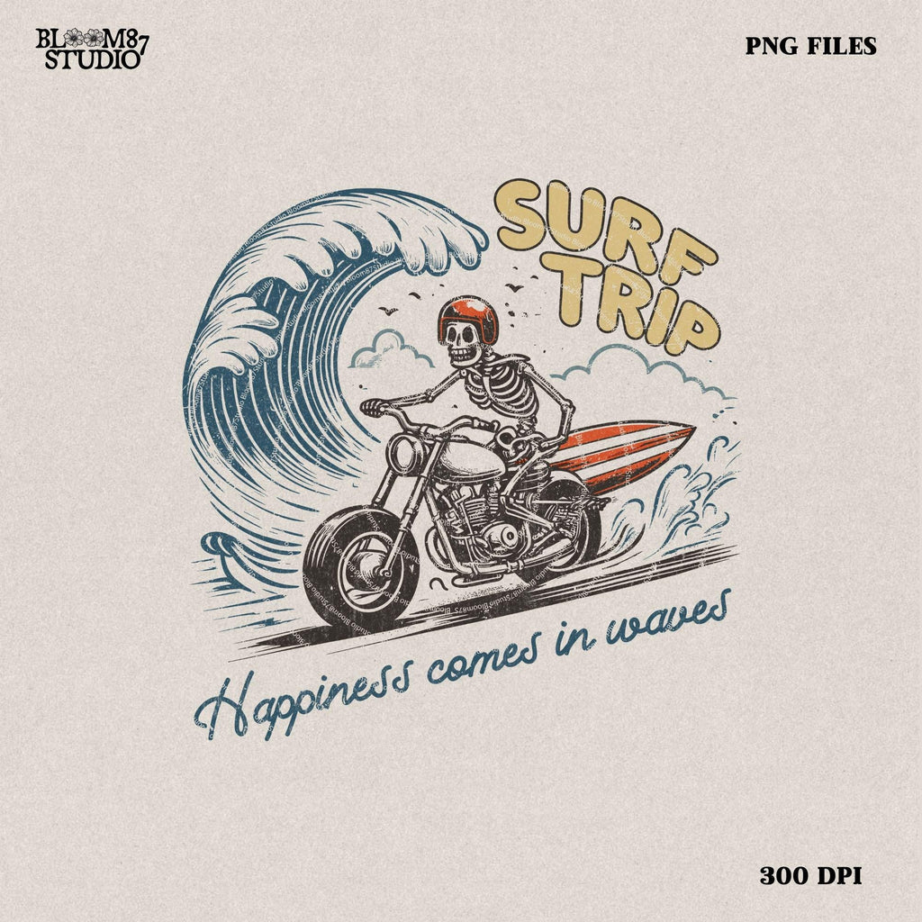 Surf Trip Skeleton on Motorcycle PNG Retro Beach PNG Surfing Rodeo png Cowboy Skeleton on Surfboard Png, Skull Design PNG,Summer Western Png