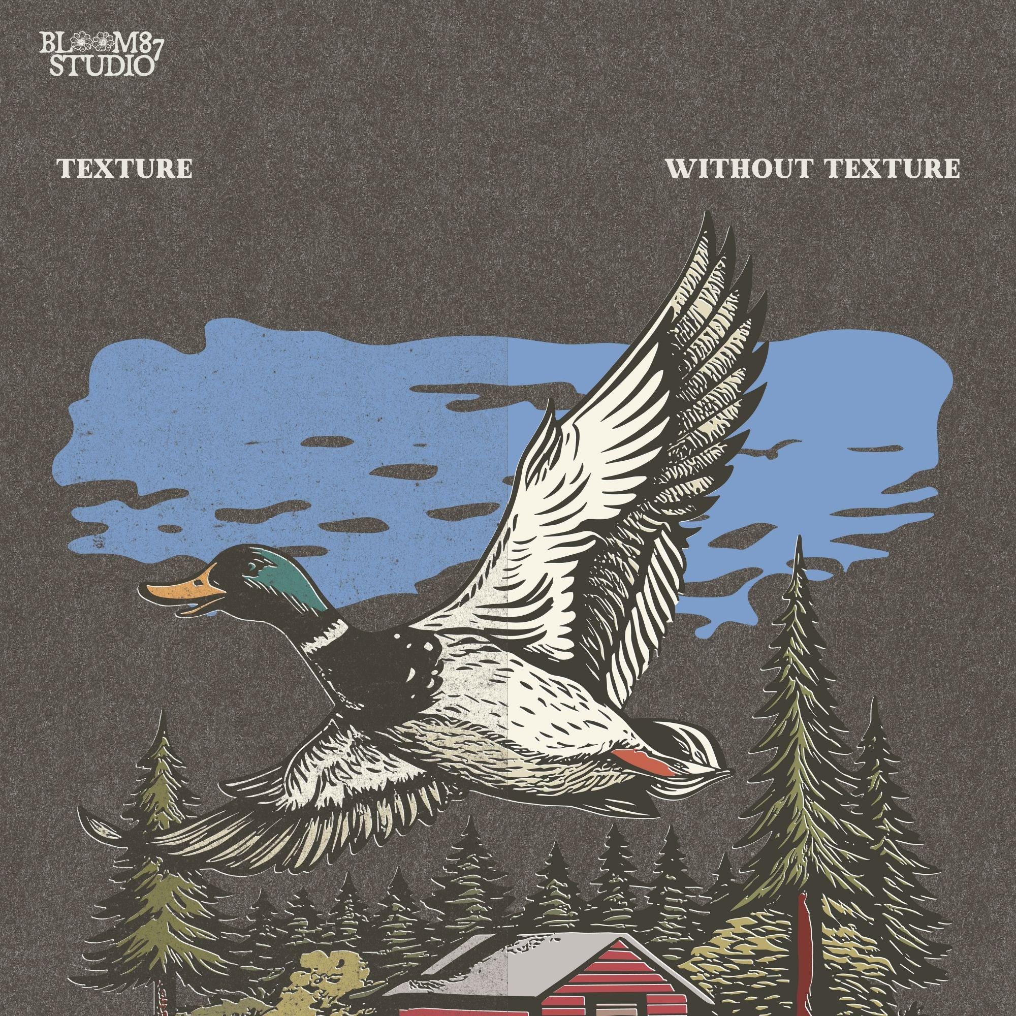 Vintage illustration of a mallard duck flying over a red cabin by the lake, surrounded by pine trees. Perfect for rustic lodge decor and wildlife art prints.