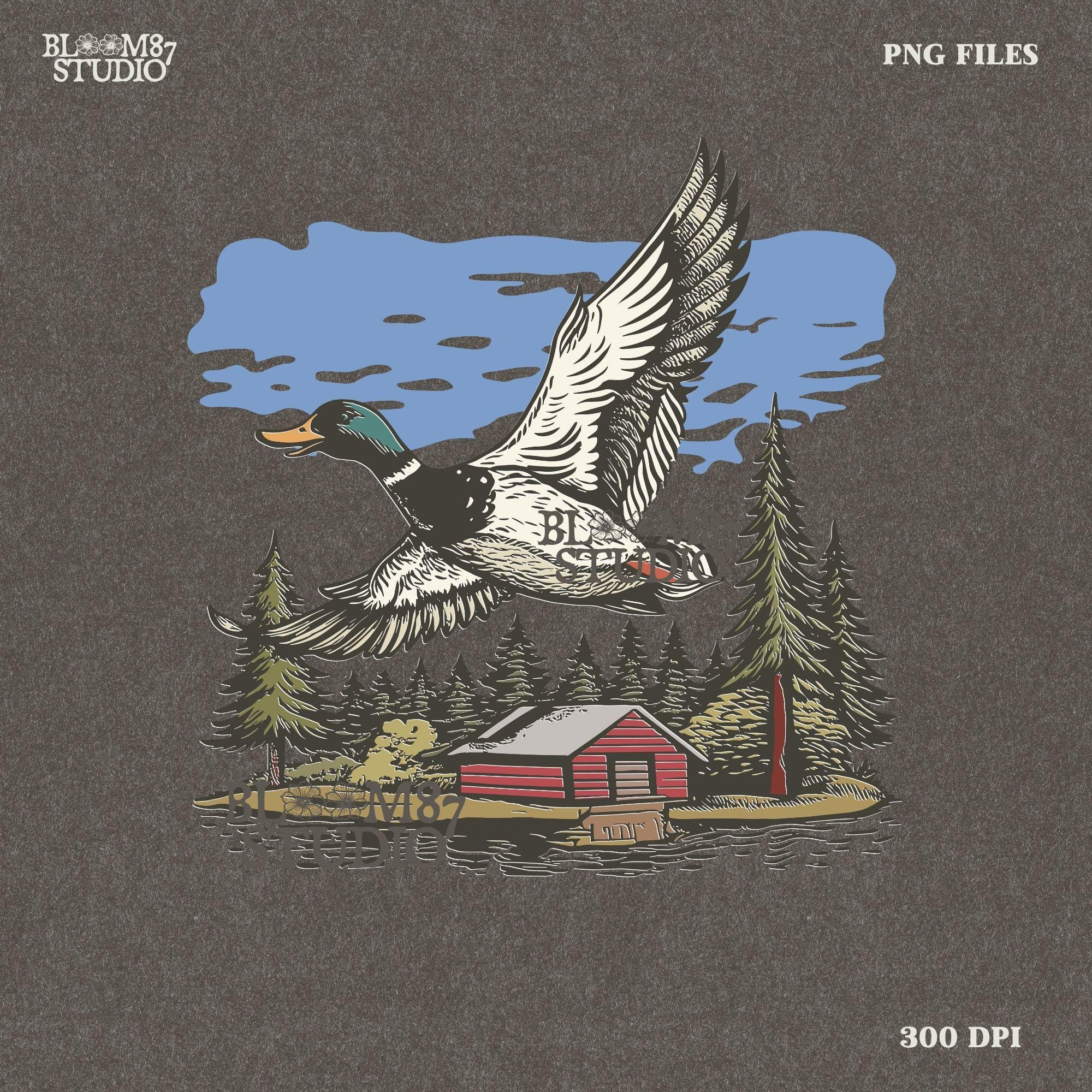 Vintage illustration of a mallard duck flying over a red cabin by the lake, surrounded by pine trees. Perfect for rustic lodge decor and wildlife art prints.