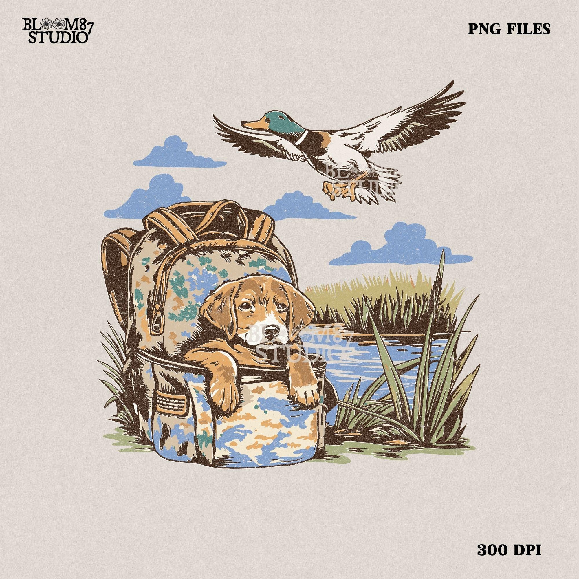 Illustration of a hunting dog resting in a camouflage bag near a pond, with a mallard duck flying overhead in a peaceful outdoor setting.