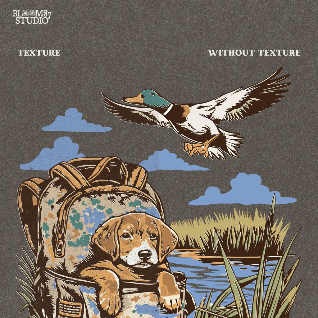 Illustration of a hunting dog resting in a camouflage bag near a pond, with a mallard duck flying overhead in a peaceful outdoor setting.